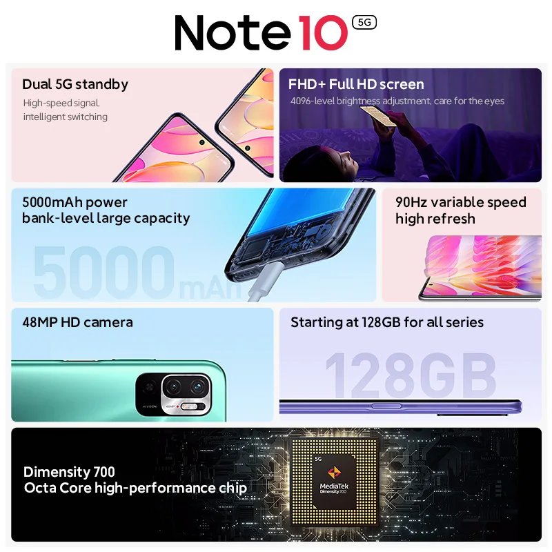 Used/Refurbished Xiaomi Redmi Note 10 Global 5G Smartphone 5000mAh 7nm Dimensity 700 China Version Apple Processor Shipped Spain