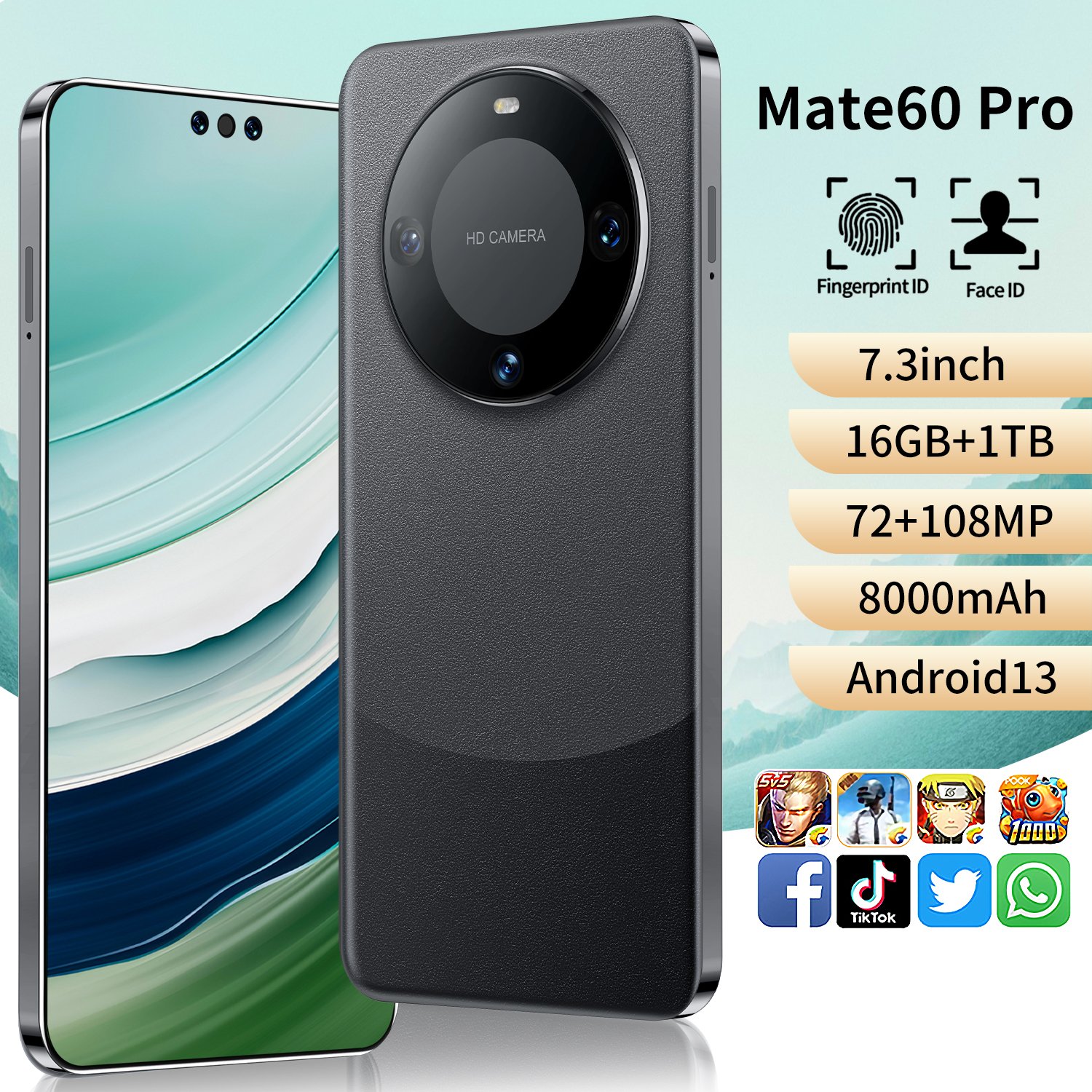 Mate 60 pro Cellphone 7.3 inch 16GB+1TB mobilephone Android 13.0 face unlock 72+108MP 4G&5G smartphone