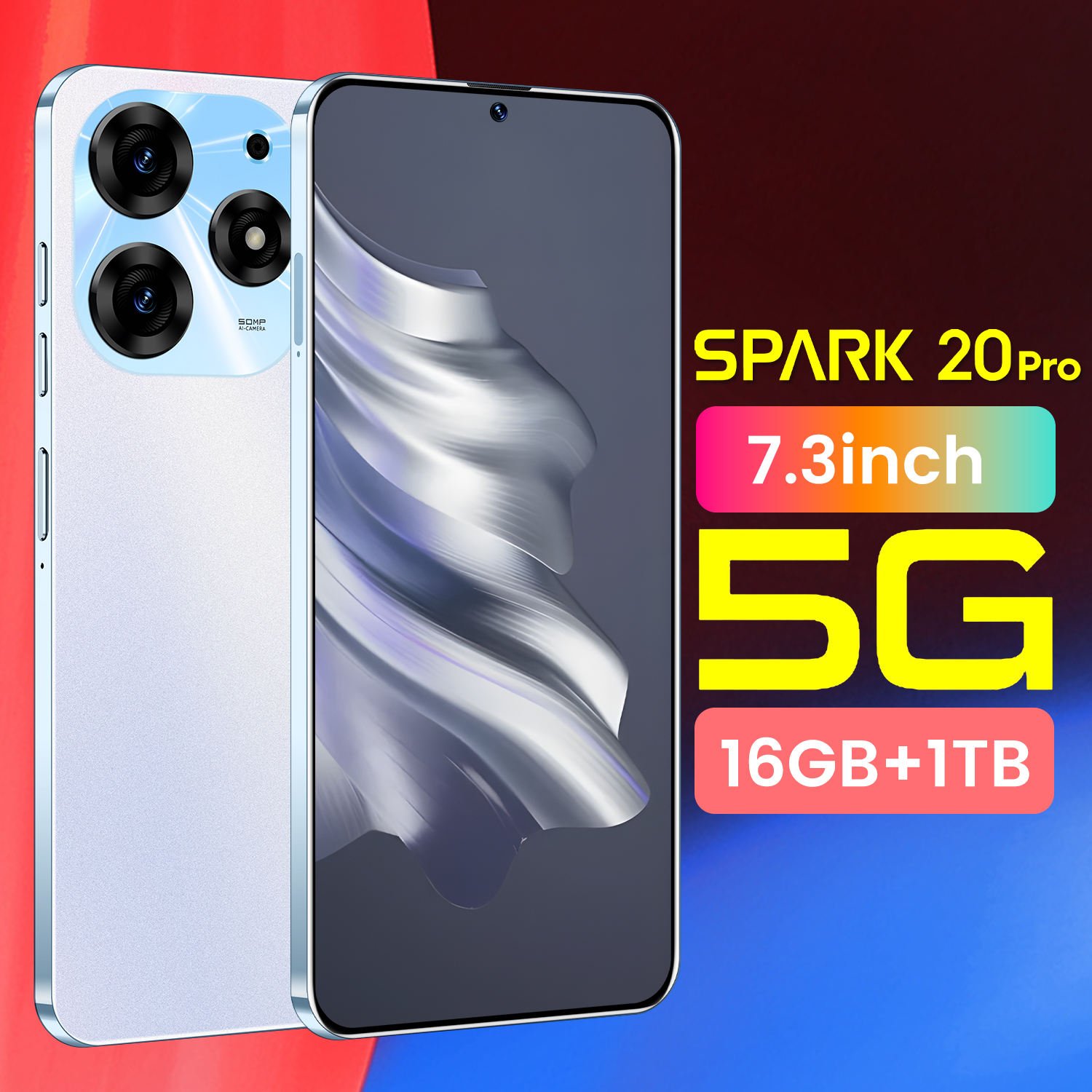 7.3Inch Spark 20 Pro 16g+1TB 5G Original cellphones 7800mah Mobile Phone Dual Sim Card Beauty tecno telephone