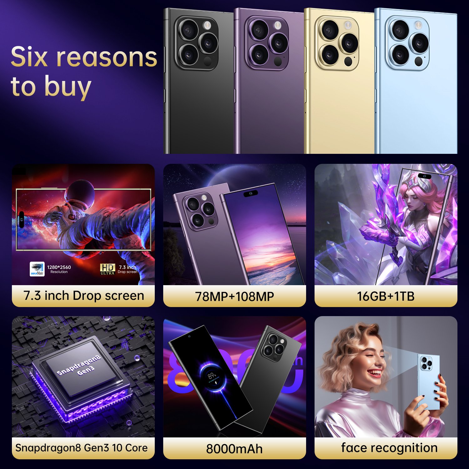 Smartphones S24 Ultra 5G 7.3 inch Big Screen 16GB+1TB Ten Core 5G Android 12 6800mAh face Unlocked