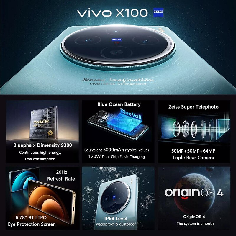 New Original VIVO X100 6.78" 120Hz Screen Mediatek Dimensity 9300 Origin OS 4 Camera 50MP Battery 120W SuperCharge 5G Smartphone