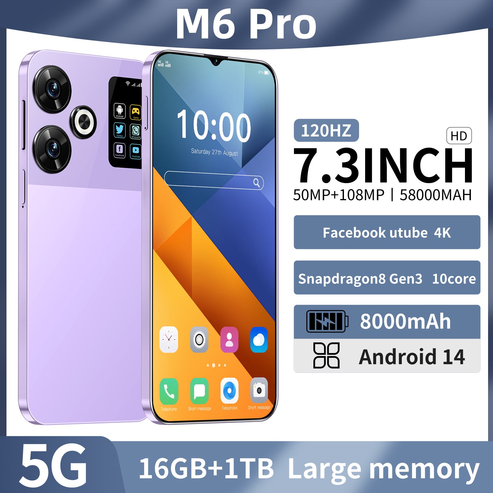 5G Smartphone M6 Pro Brand New Gaming Mobile Phone Smart Phone 16GB+1TB Cheap Telephone Big Screen gaming smartphone