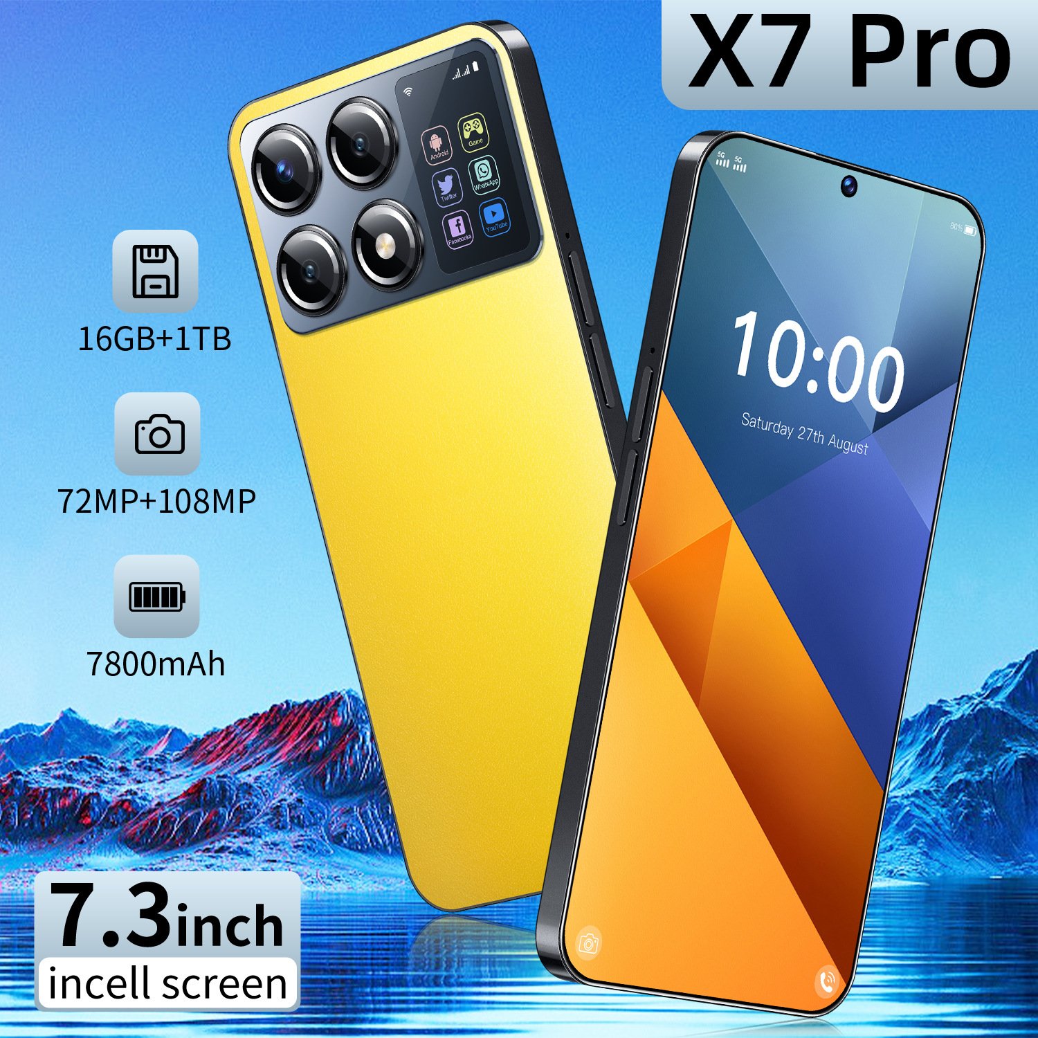 New X7 Pro 7.3\" Android 5G Smartphone 2+16G Dual Card Ten Core CPU Smart 3G 65W Android14-English Cross-Border Foreign Trade