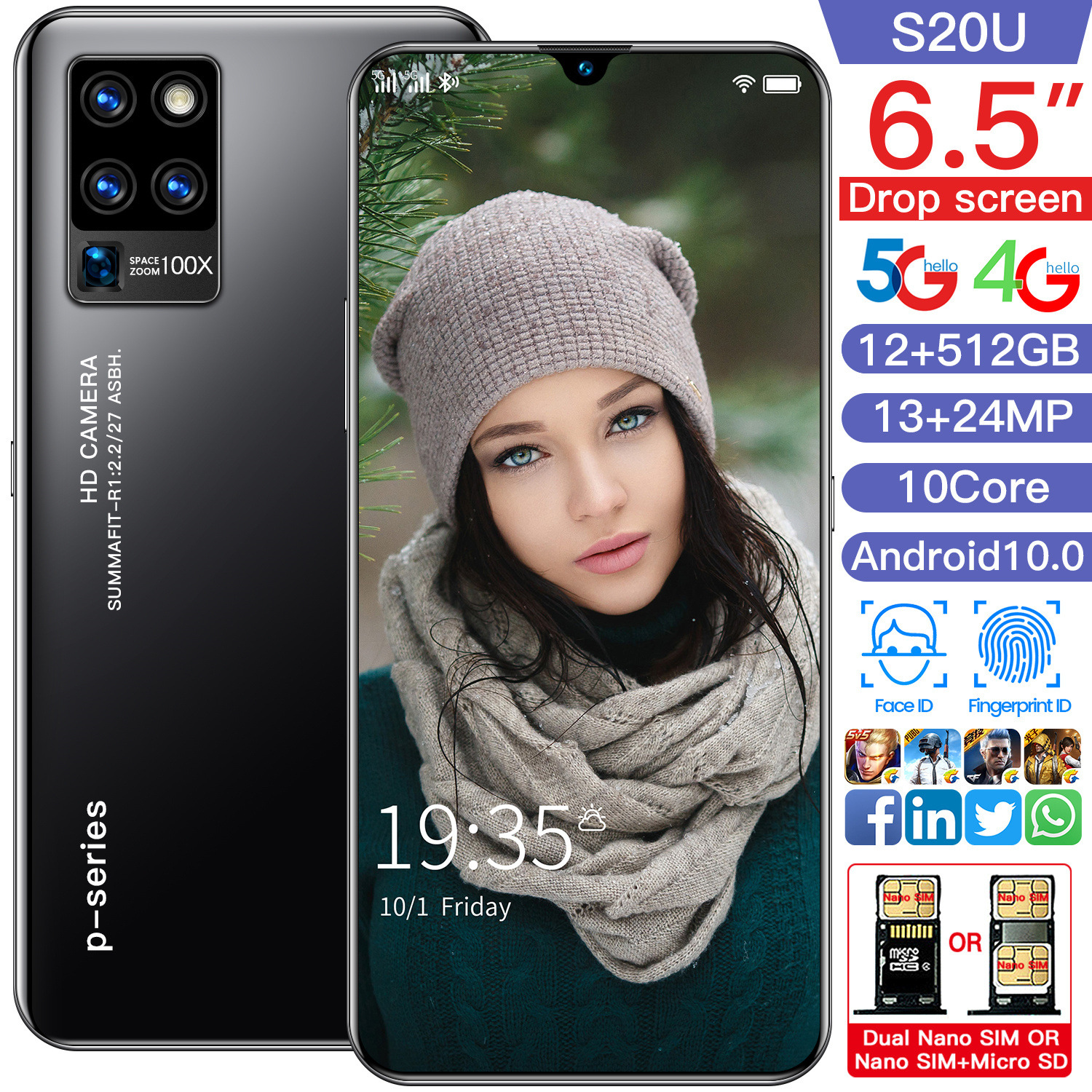 android 5g de smartphone 3g y 4G smartphone large display OEM ODM phones S20U 12+512G