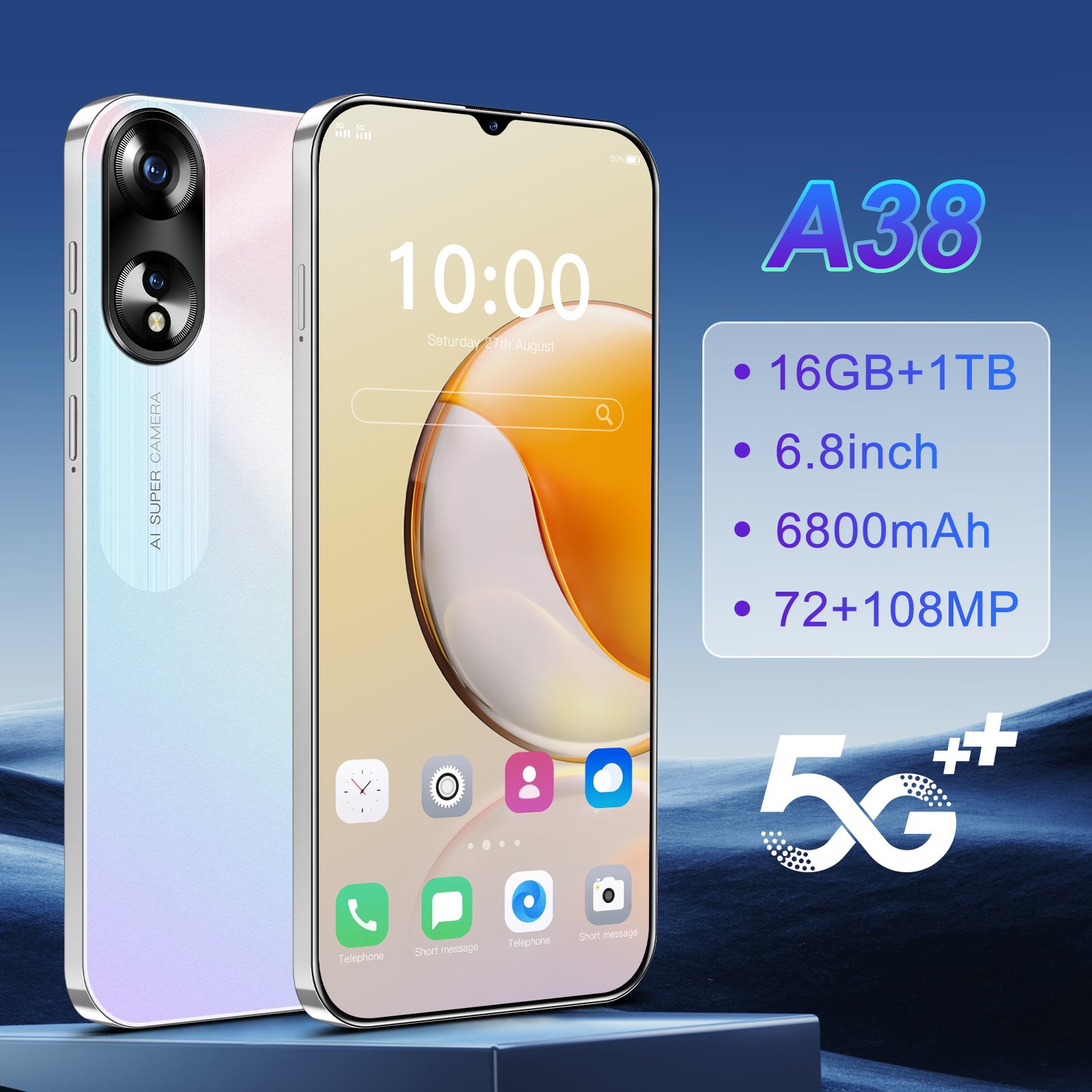 2024 Latest Models A38 16gb+1tb 6.8-inch Low Price Smartphone Android 13 Cheap Smart Phone Ready To Ship 5g Smartphone