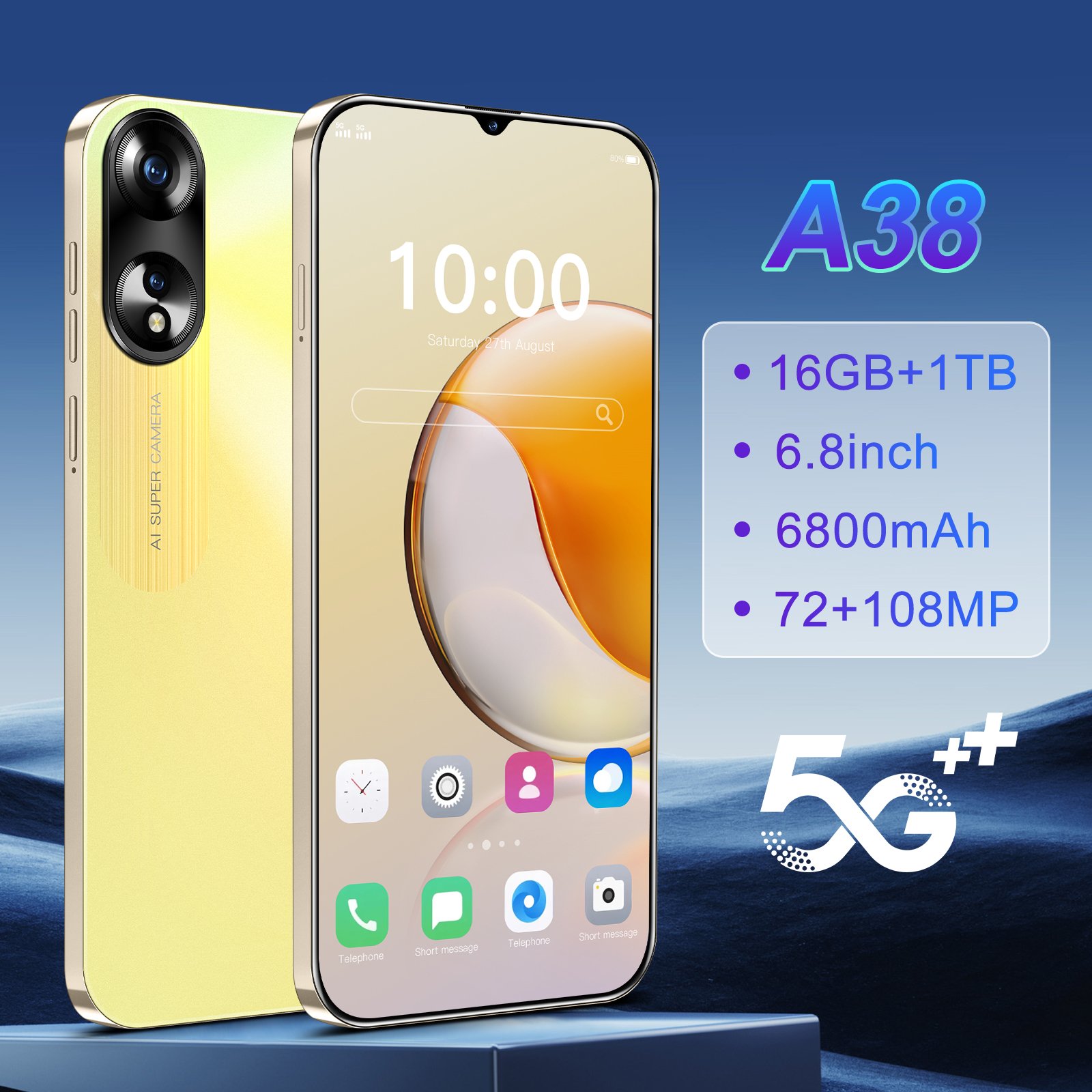 2024 Latest Models A38 16gb+1tb 6.8-inch Low Price Smartphone Android 13 Cheap Smart Phone Ready To Ship 5g Smartphone