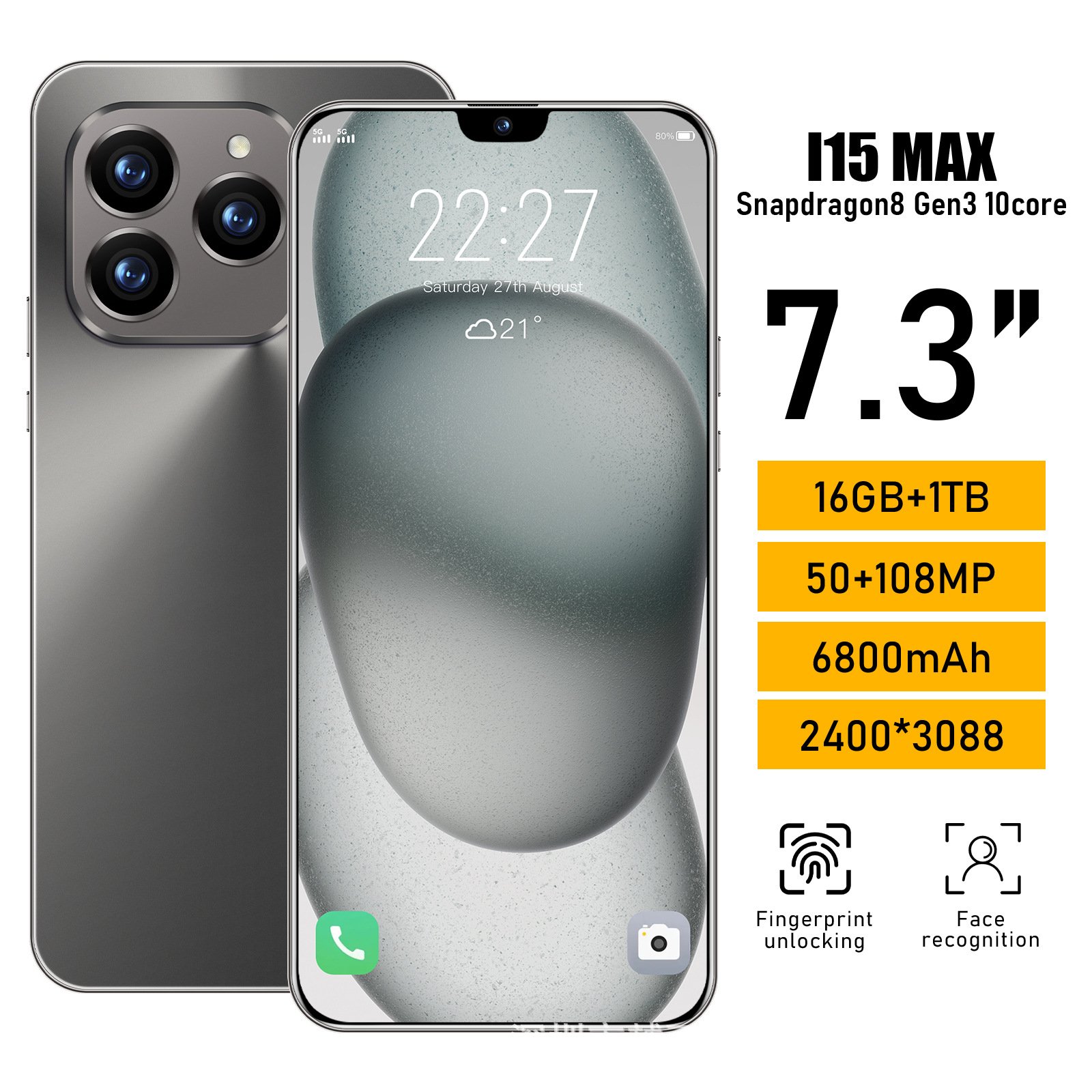 2024 Clone Version 15 pro max 6.8 inch 90HZ Cheap 4G 5G smartphone 8GB+512GB unlocked Dual Sim Card 64MP Cheap 15 Pro Max