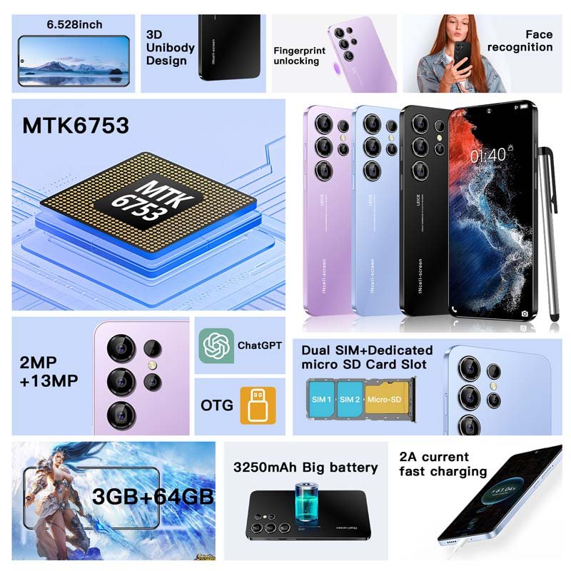 Celular Low Price Mobile Phones Custom Smartphone Android Original Cheap 64GB S23 Ultra Unlocked Smartphones 4G