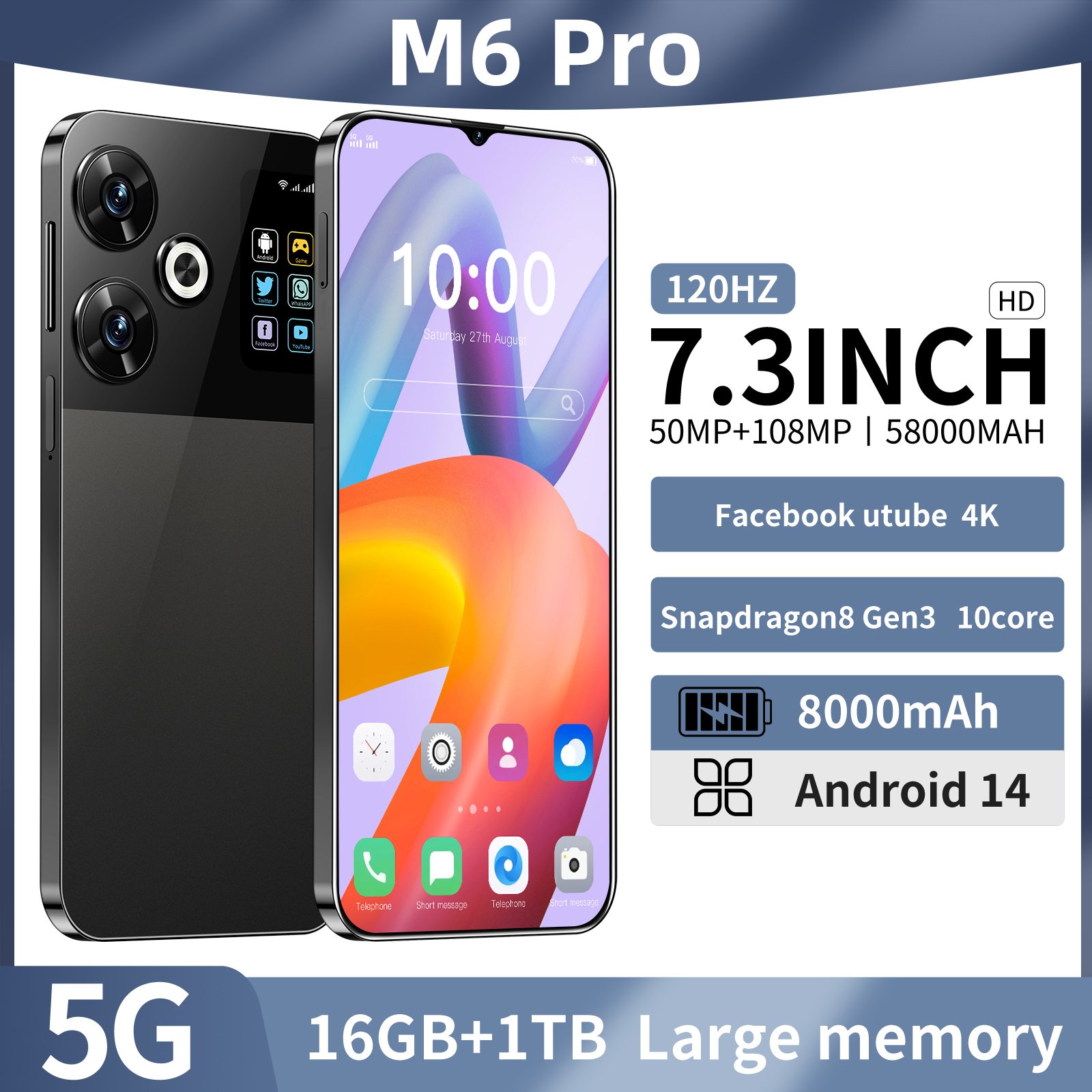 Factory Price 5G Smartphone M6 Pro Brand New Gaming Mobile Phone Smart Phone 16GB+1TB Cheap Intelligent gaming smartphone