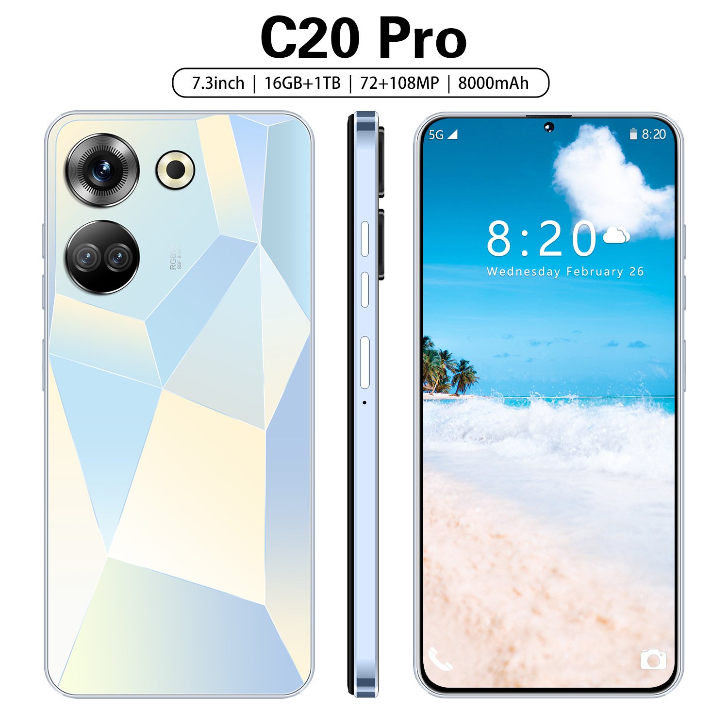 New Unlocking 5G Smartphone 4G 5G RAM 8GB ROM 256GB Storage 7.3 Inch Clear Screen Android 13 OS Quad Core CPU 24MP GSM WCDMA
