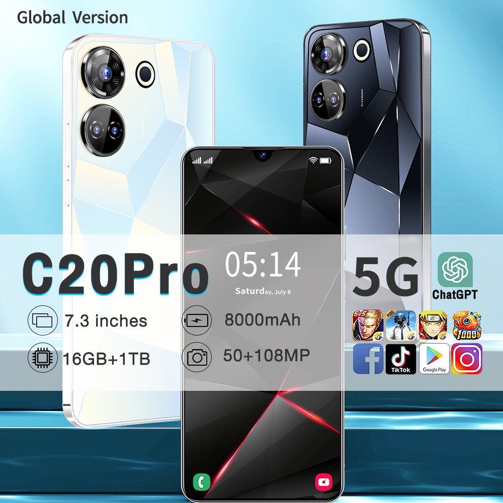 5G Smartphone C20 Pro 6.8 inch Full Screen 16+512GB Android Mobile Phones With Face ID Original Unlocked Cell Phone