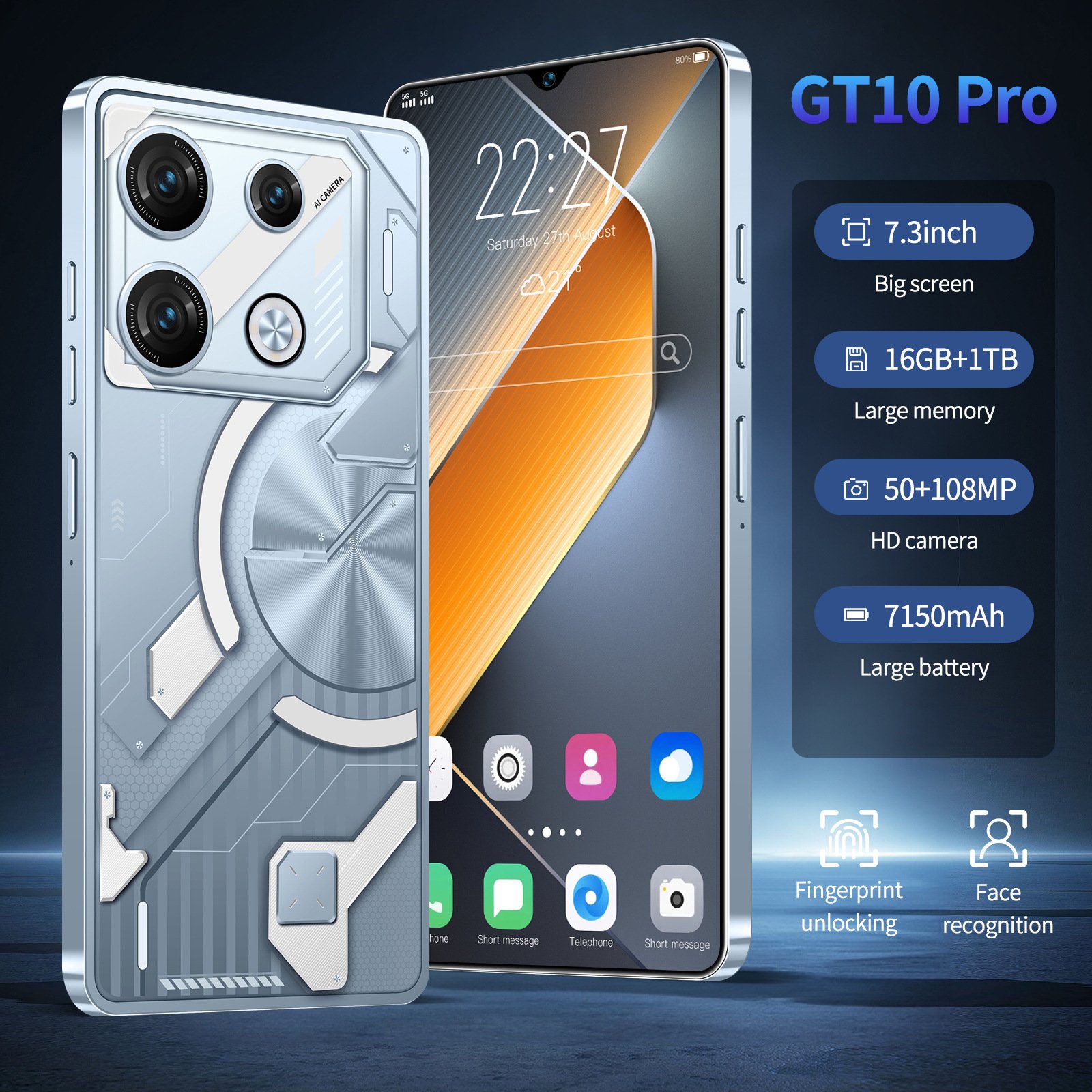 Latest 2024 Gt10 Pro Smart Mobile Phone Ai Android Unlocked Face Id Hd Screen Long Endurance Quick Charge Dual Sim Android