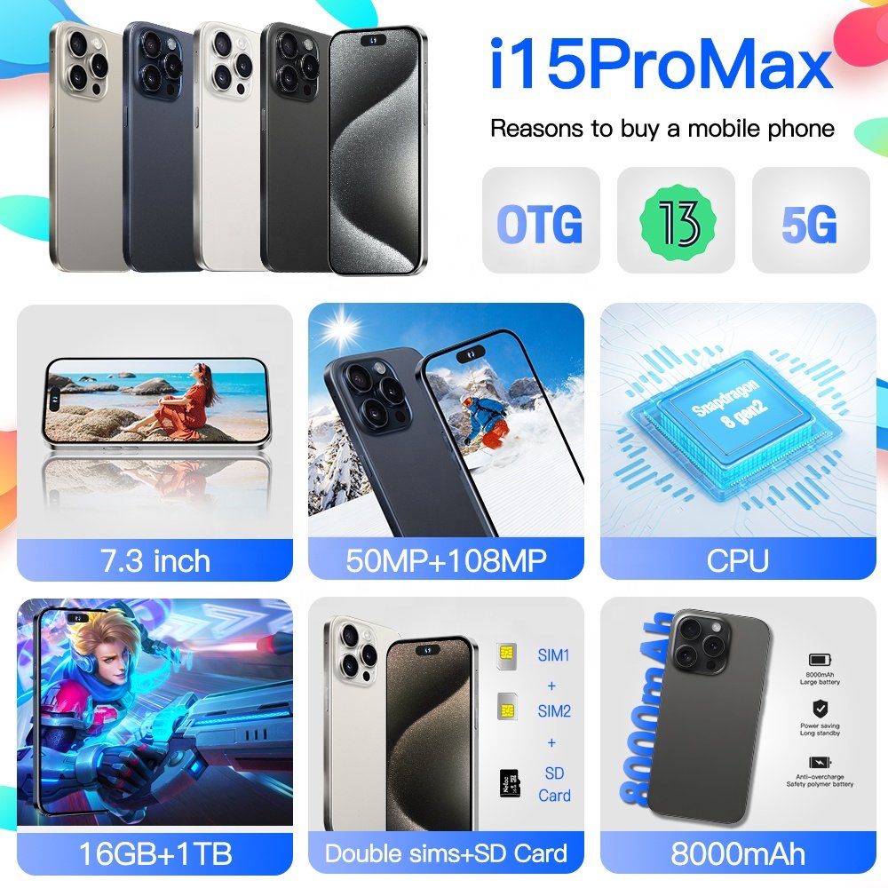 Global Version Cheap 15 Pro Max 6.8 inch screen clone 4G 5G smartphone 8GB+512GB unlocked i cell phone 15 pro max Have Logo