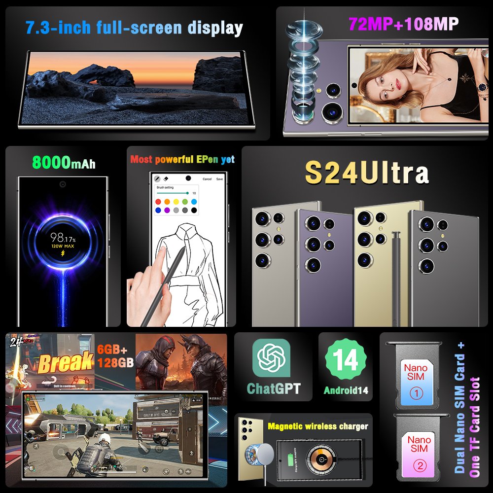 Best Selling original S24 ULTRA 6GB+128GB 7.3 Inch 5G Smartphone 72MP+108MP Android 14 Cell Phone Unlocked Gaming Mobile Phones