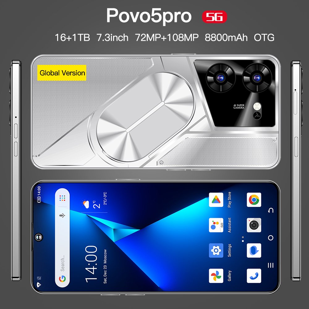 tecno phones original Pova5 pro Android 16gb+1TB Cell phones Mobile Phones 7.3 Inch Styles Support 5G Smartphone