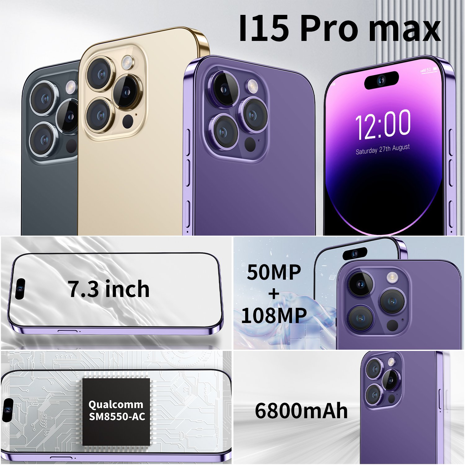Phone 15 pro max 8GB+256GB Cellphone 5g Smartphone 7.3inch Screen Dual Sim Card I 15 phone 15 Pro Max 5g De Smartphones 50+108MP