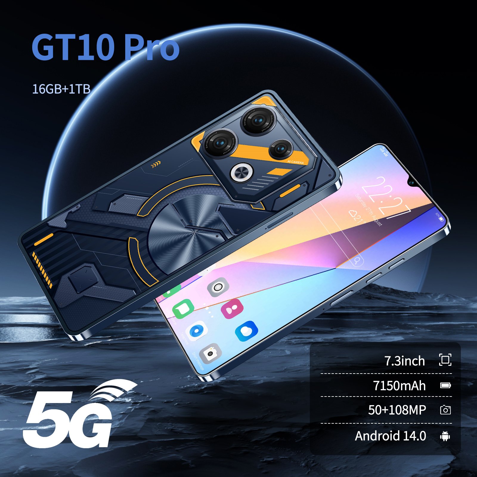 New Global Cell Phone 7.3 Inch Big Screen 5g Smartphone 16gb+1tb Dual Sim Android Mobile