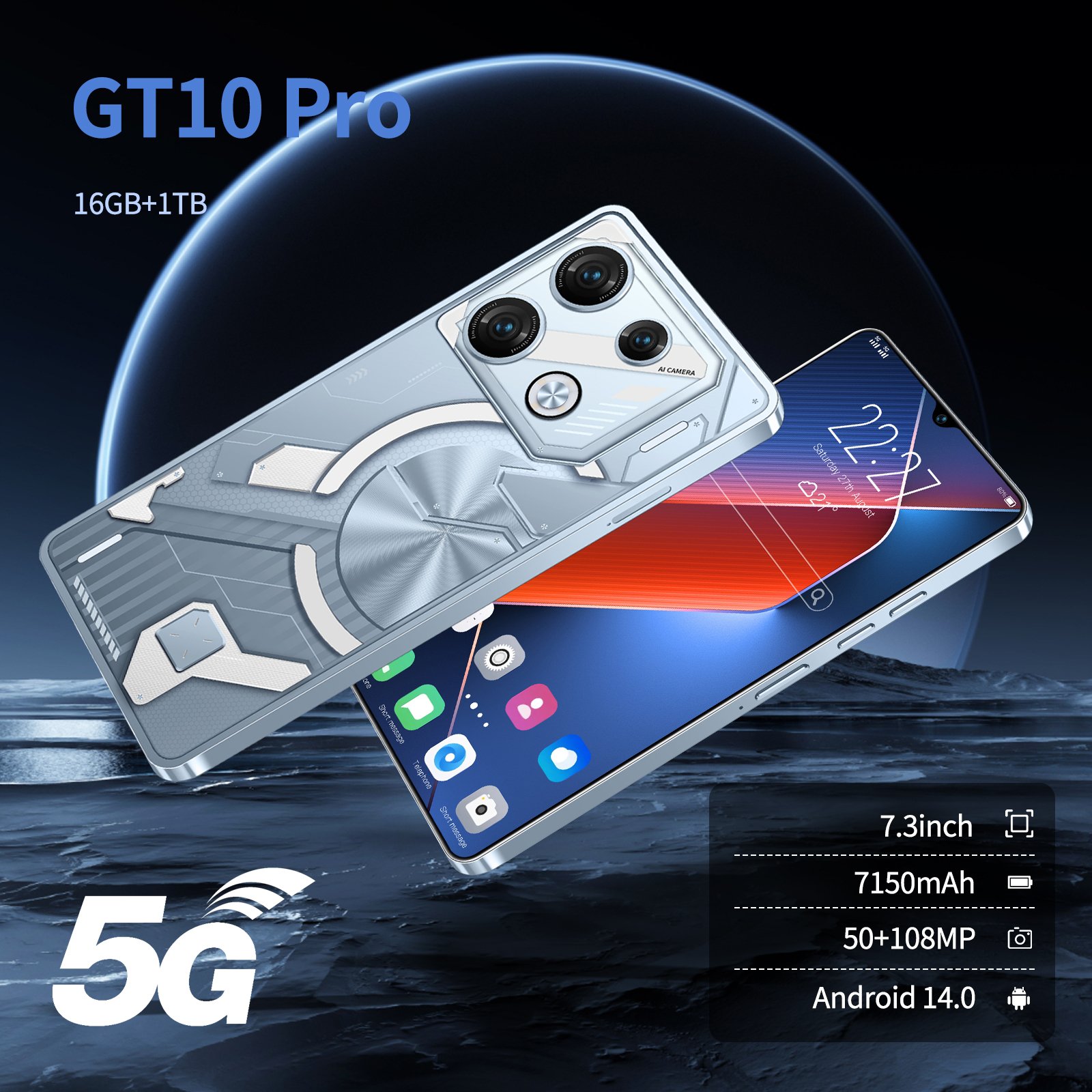 New Global Cell Phone 7.3 Inch Big Screen 5g Smartphone 16gb+1tb Dual Sim Android Mobile