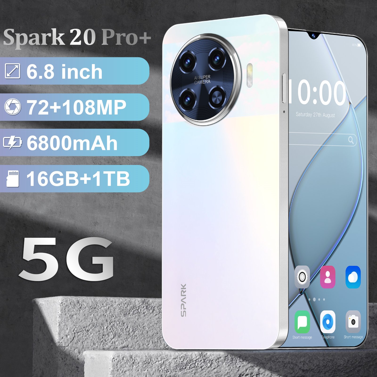 Wholesale New 6.8inch Spark 20 Pro+ Android Phone 5G Custom White Label Smartphone Low Price