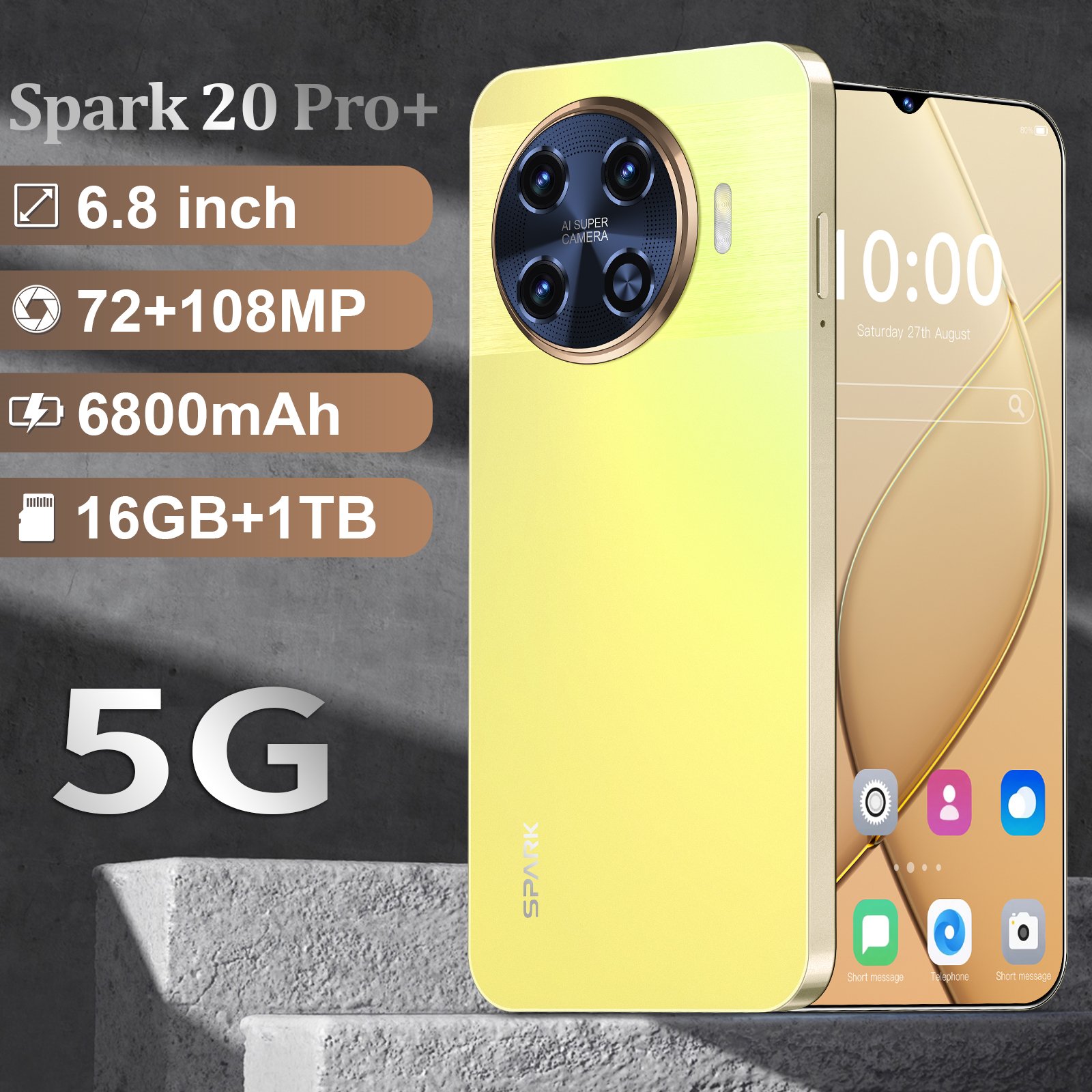 Wholesale New 6.8inch Spark 20 Pro+ Android Phone 5G Custom White Label Smartphone Low Price