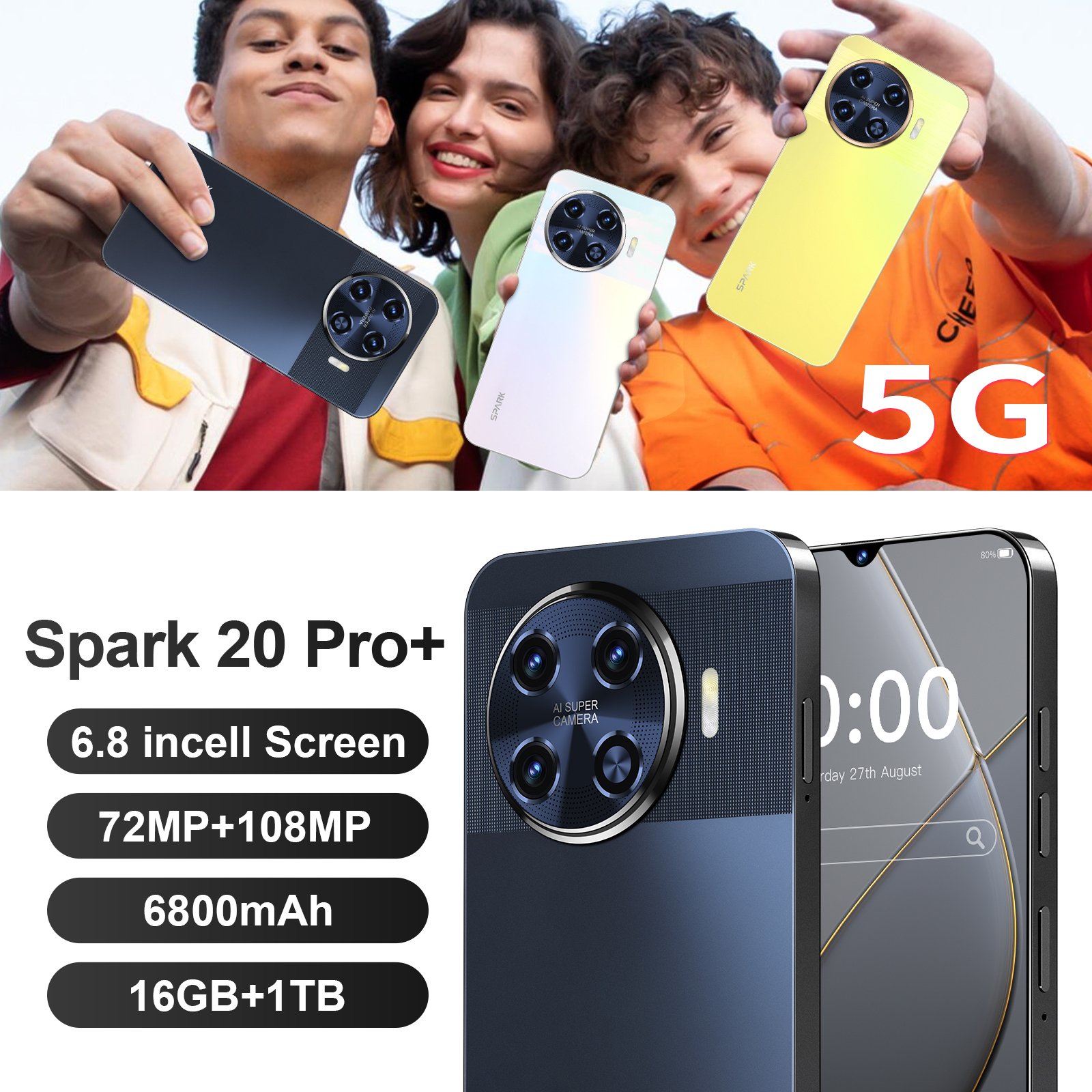 Wholesale New 6.8inch Spark 20 Pro+ Android Phone 5G Custom White Label Smartphone Low Price