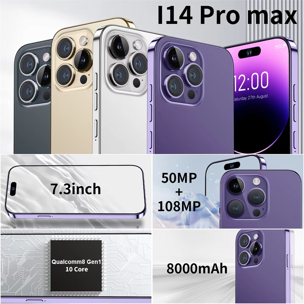 Smart mobile phone 7.3 inch Clone 14 Pro max 4G 5G smartphone 16GB+1TB unlocked Dual Sim Card Cheap 15 Pro Max