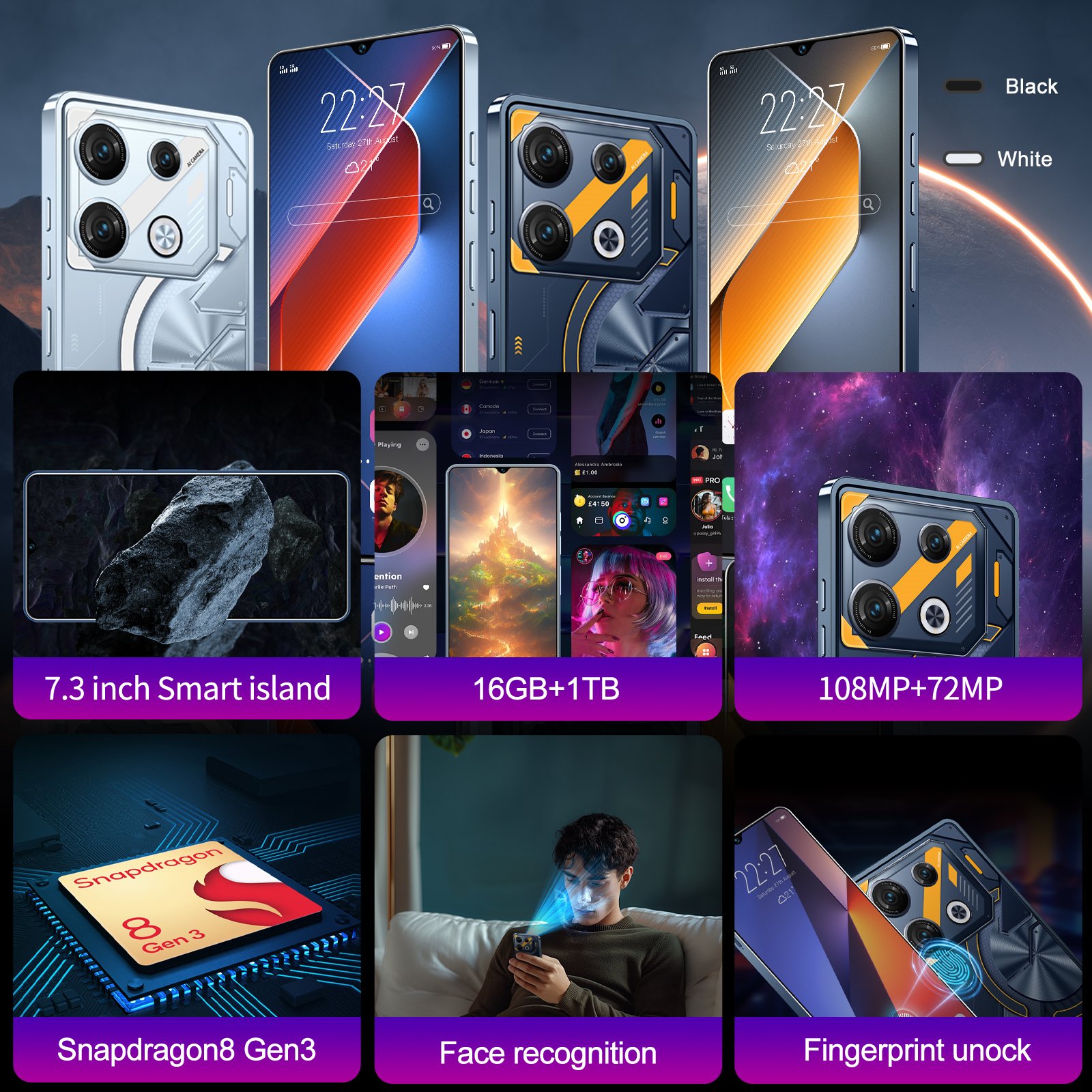 Wholesale new GT10 pro smart phone 7.3 inch Face Unlock 16GB+1TB mobile phone Android13 HD Big Screen 5G smartphone Cellphone