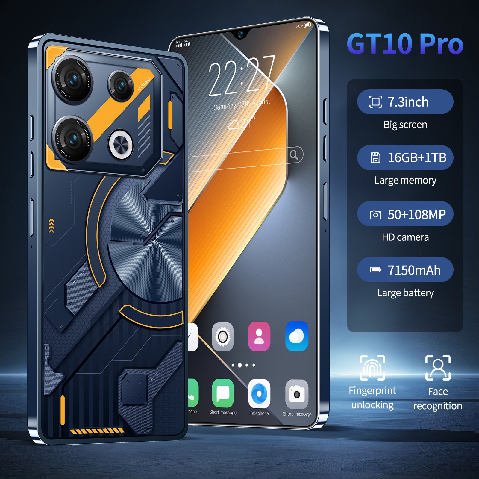 Wholesale new GT10 pro smart phone 7.3 inch Face Unlock 16GB+1TB mobile phone Android13 HD Big Screen 5G smartphone Cellphone