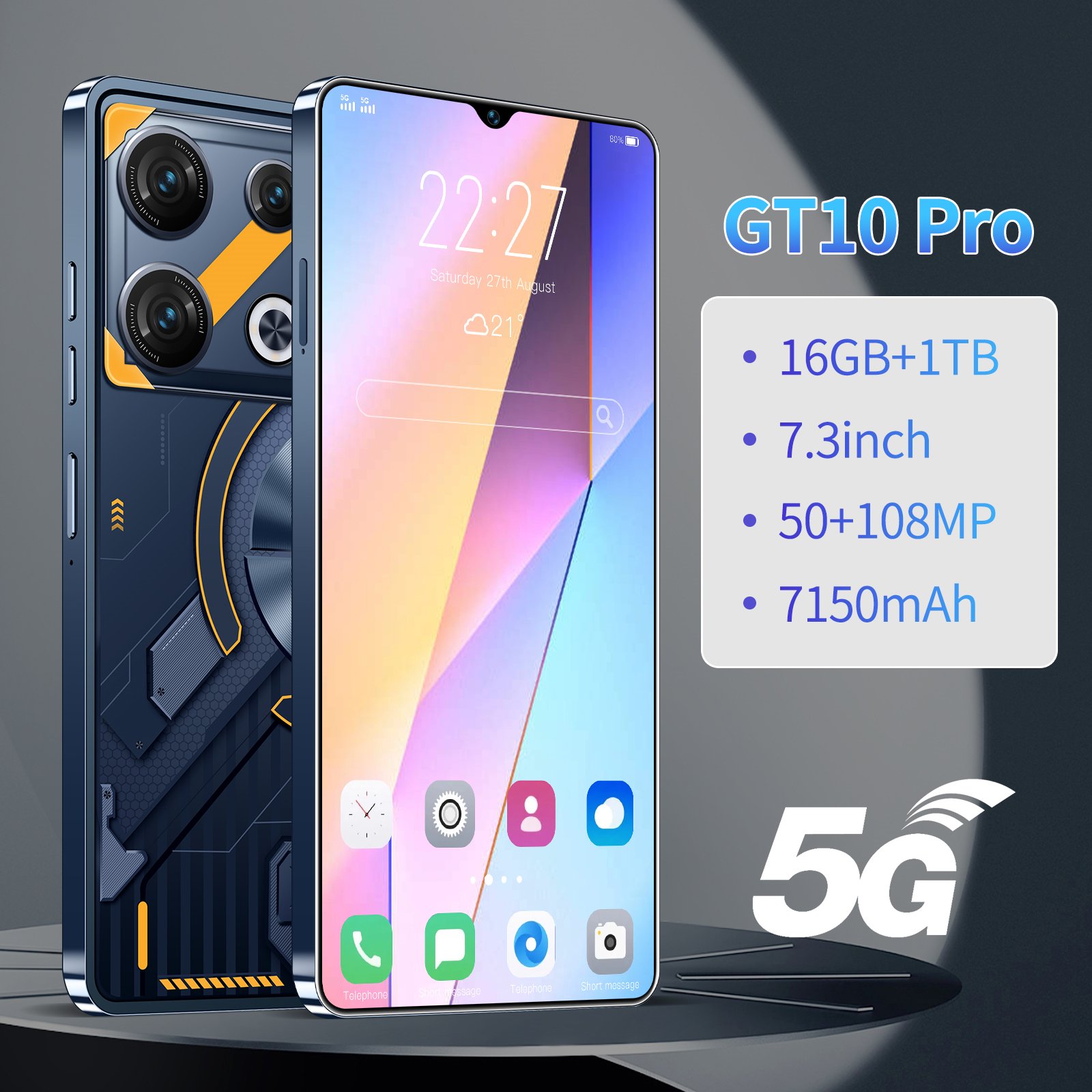 Wholesale new GT10 pro smart phone 7.3 inch Face Unlock 16GB+1TB mobile phone Android13 HD Big Screen 5G smartphone Cellphone