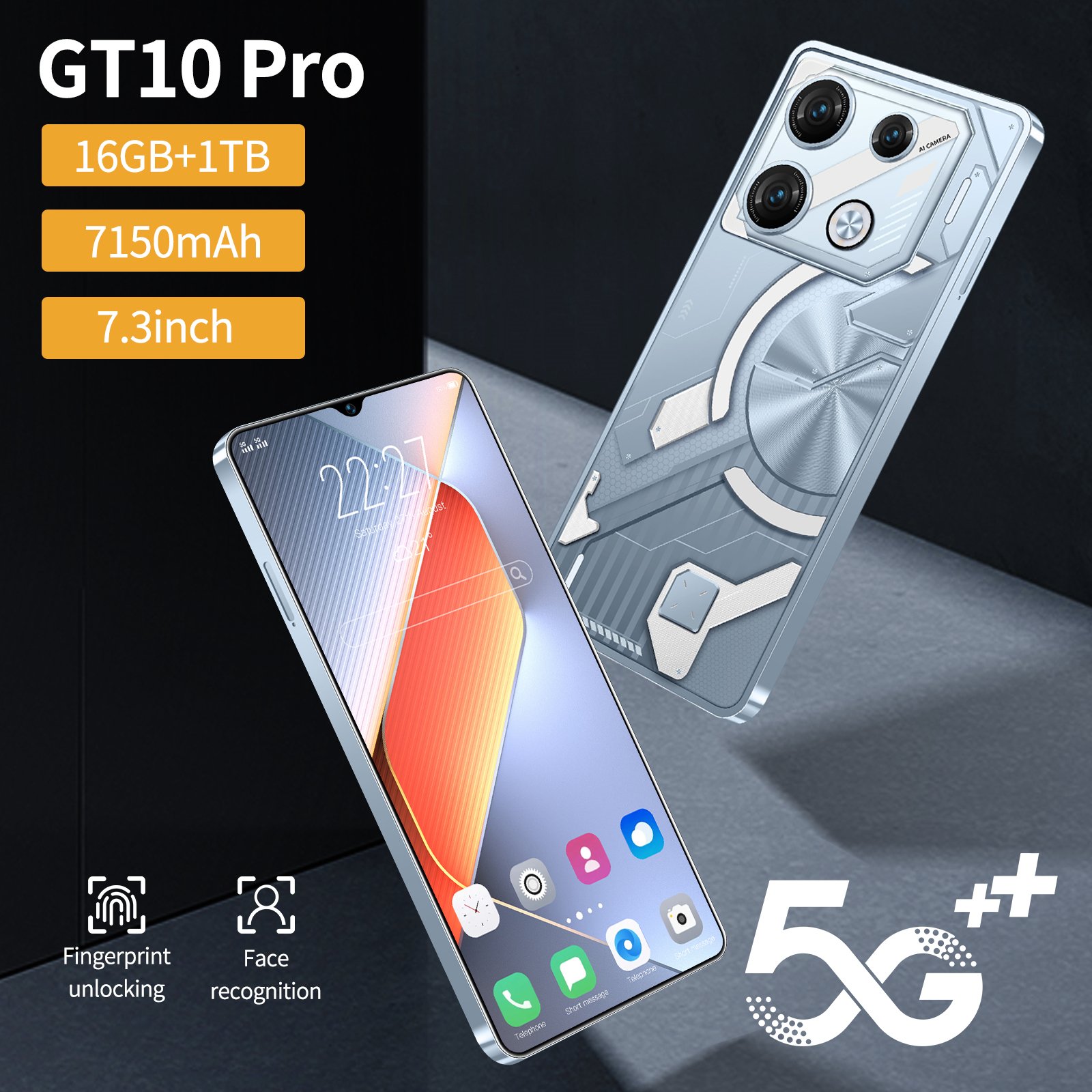 Wholesale new GT10 pro smart phone 7.3 inch Face Unlock 16GB+1TB mobile phone Android13 HD Big Screen 5G smartphone Cellphone
