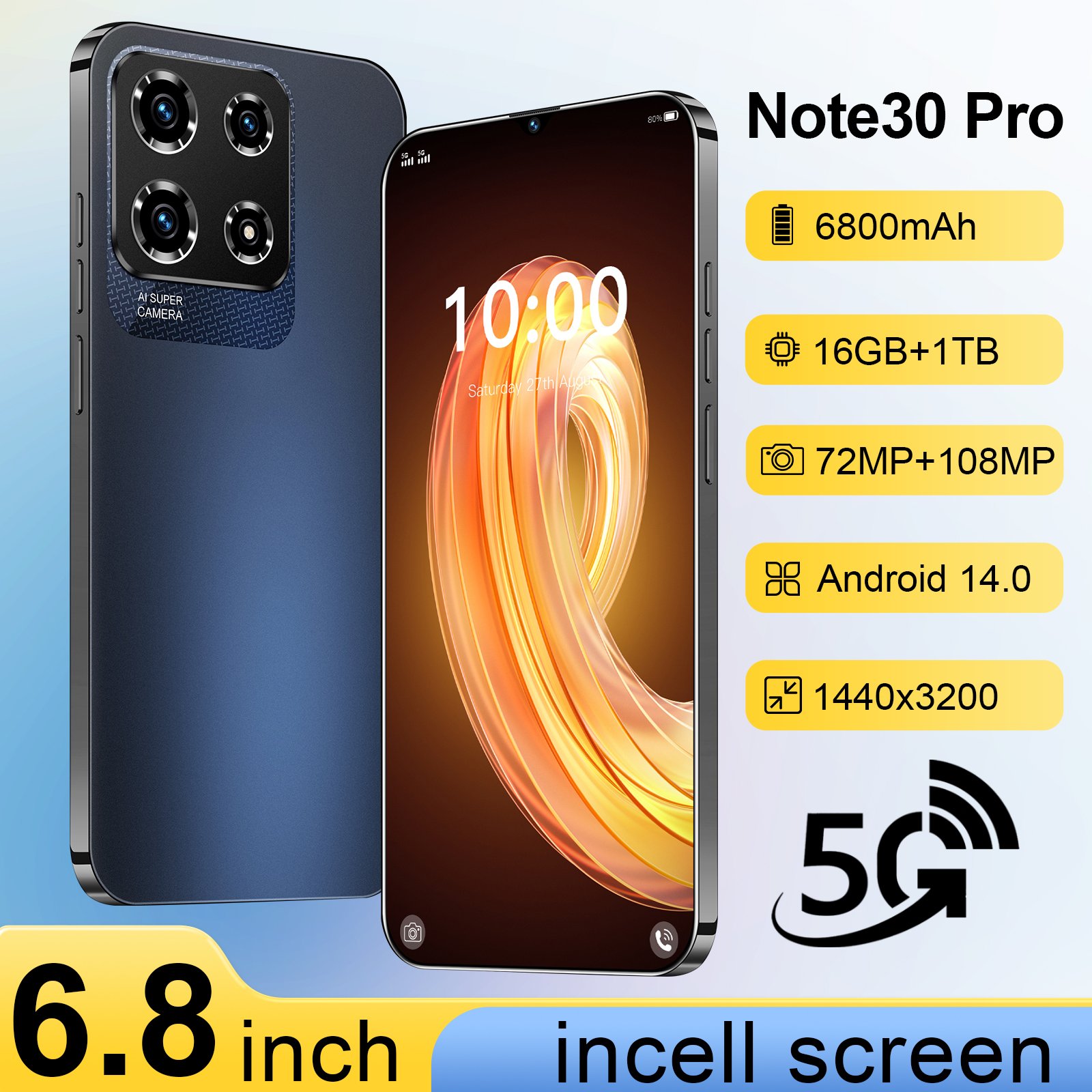 Hot Selling High Quality Note 30 Pro Real 5g 16+1TB Large memory clear Camera Big Screen unlocked smartphone