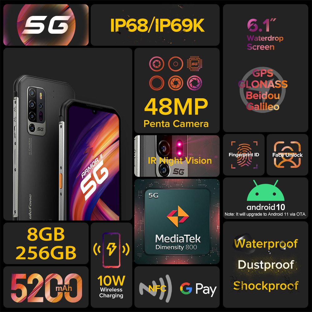 Ulefone Amor 11 5G Mobile Phone 8G 256G 48MP Camera 5200mAh 6.1" Cell Phone Wireless Charge Armor 11 Smartphone
