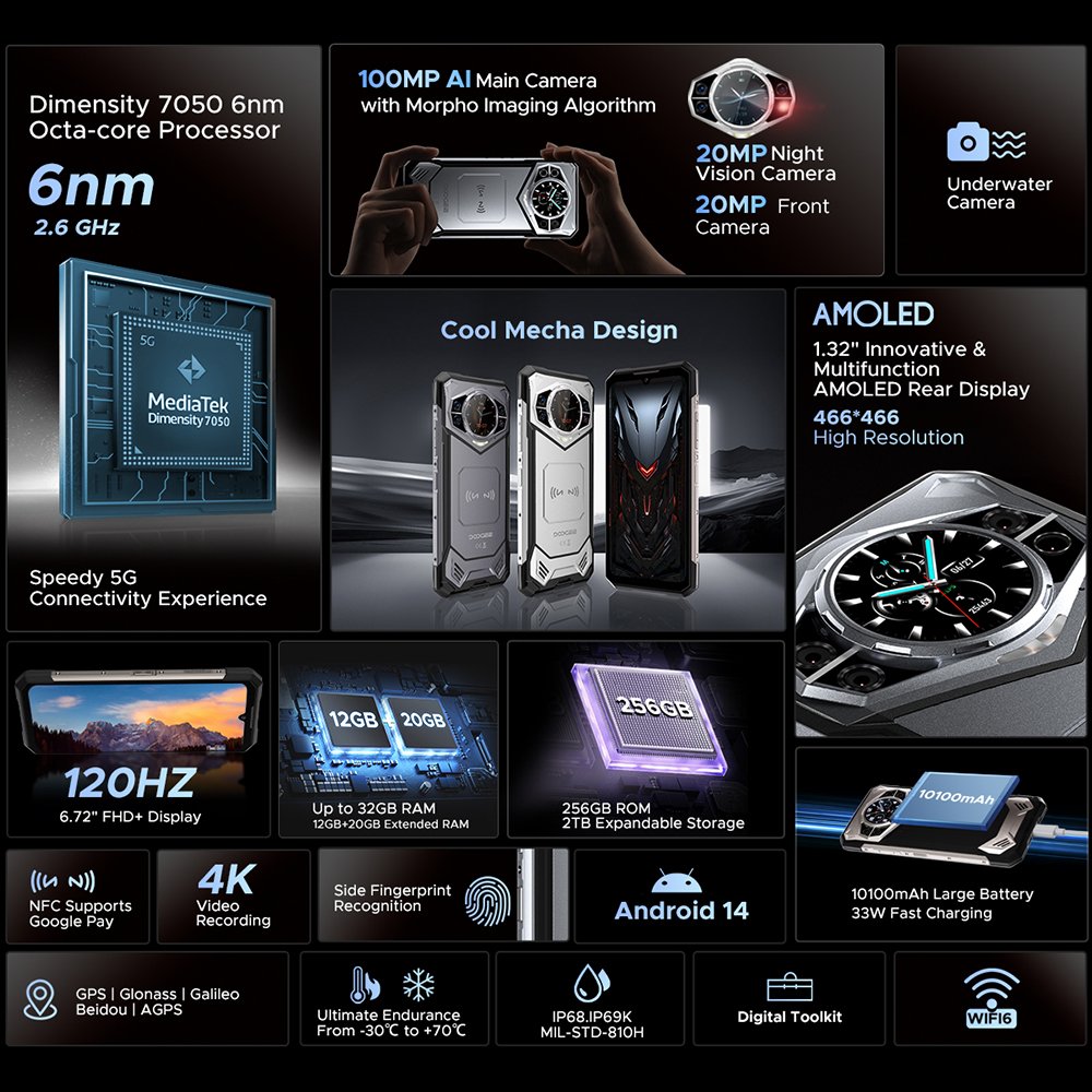Doogee S200 Rugged Smartphone 10100mAh 5G CPU 32+256GB Night Vision 20MP Main Camera 100MP 120HZ Android 14 WIFI 6 Doogee Mobile