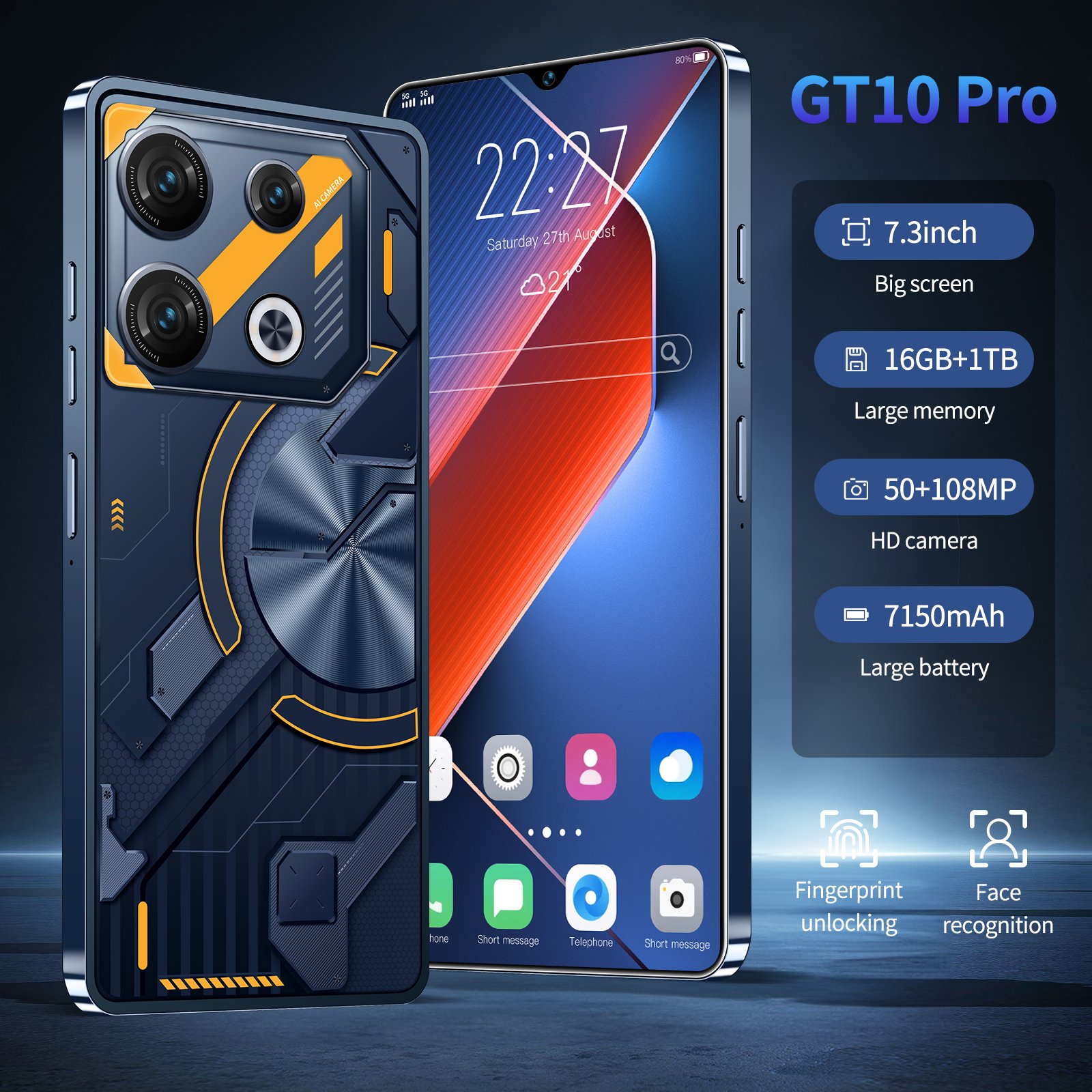 Factory Price New Gaming Mobile Phone GT10pro 7.3 Inch 5G Smartphone cheap 16GB+1TB povo Android 13 smart phone