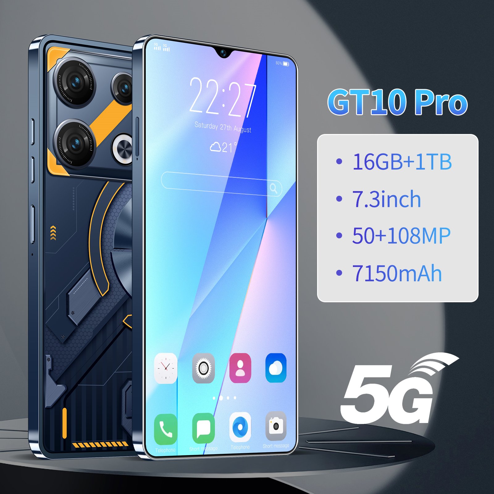 Factory Price New Gaming Mobile Phone GT10pro 7.3 Inch 5G Smartphone cheap 16GB+1TB povo Android 13 smart phone