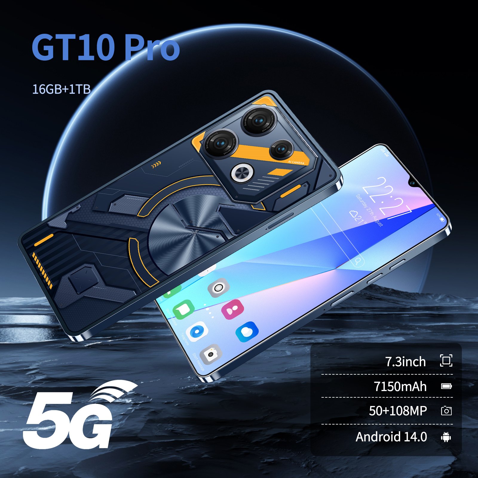 Factory Price New Gaming Mobile Phone GT10pro 7.3 Inch 5G Smartphone cheap 16GB+1TB povo Android 13 smart phone
