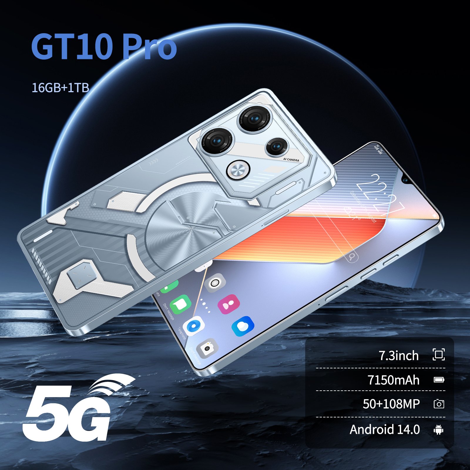 Factory Price New Gaming Mobile Phone GT10pro 7.3 Inch 5G Smartphone cheap 16GB+1TB povo Android 13 smart phone