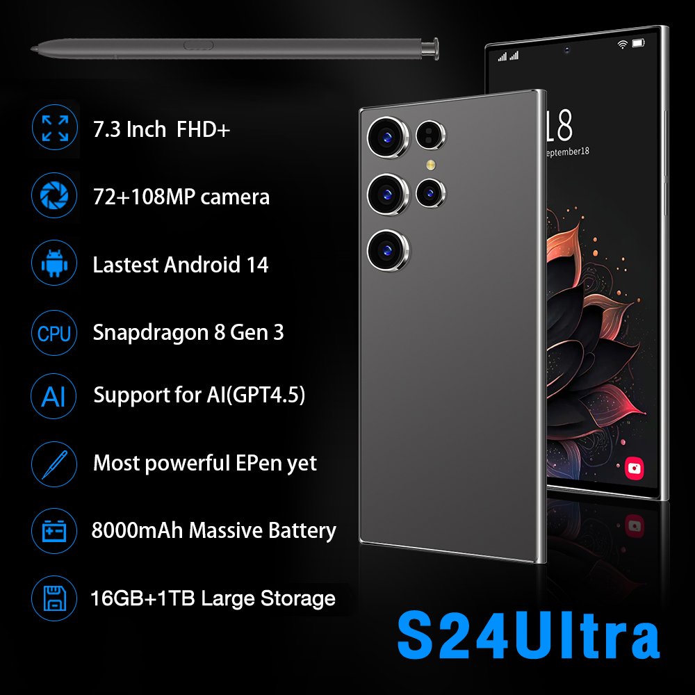 Global Version S24 ultra Clone smart Phone android 13 telephone 7.3 inch screen 16+1TB Full Screen dual sim 5G smartphone