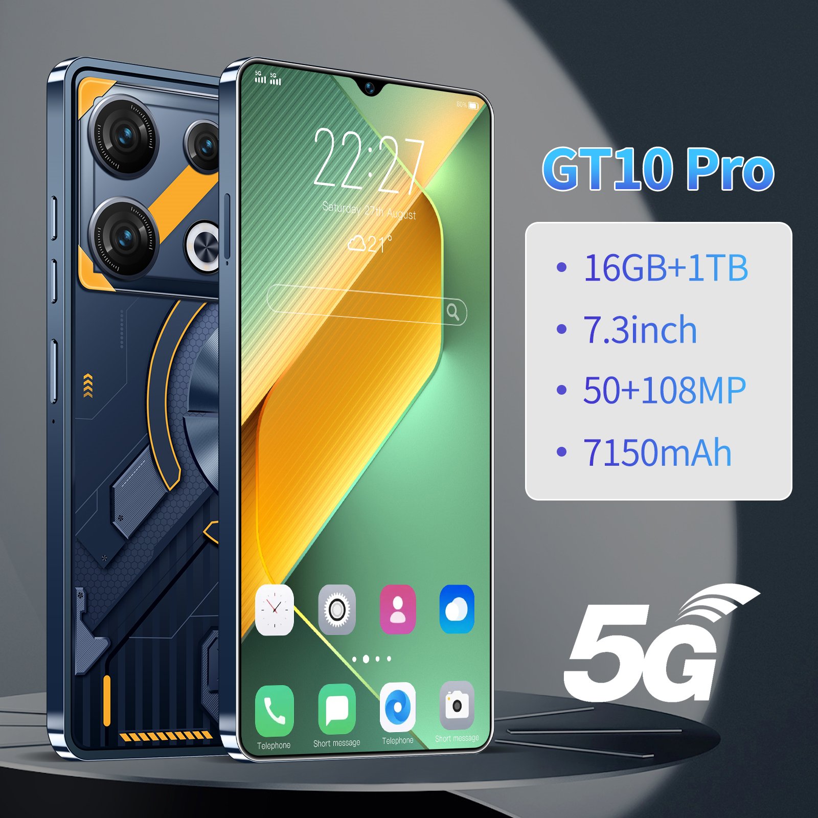 2024 Brand new GT10 pro 7.3 inch Face Unlock 16GB+1TB mobile phone Android13 HD Cellphone Big Screen 5G smartphone smart phone
