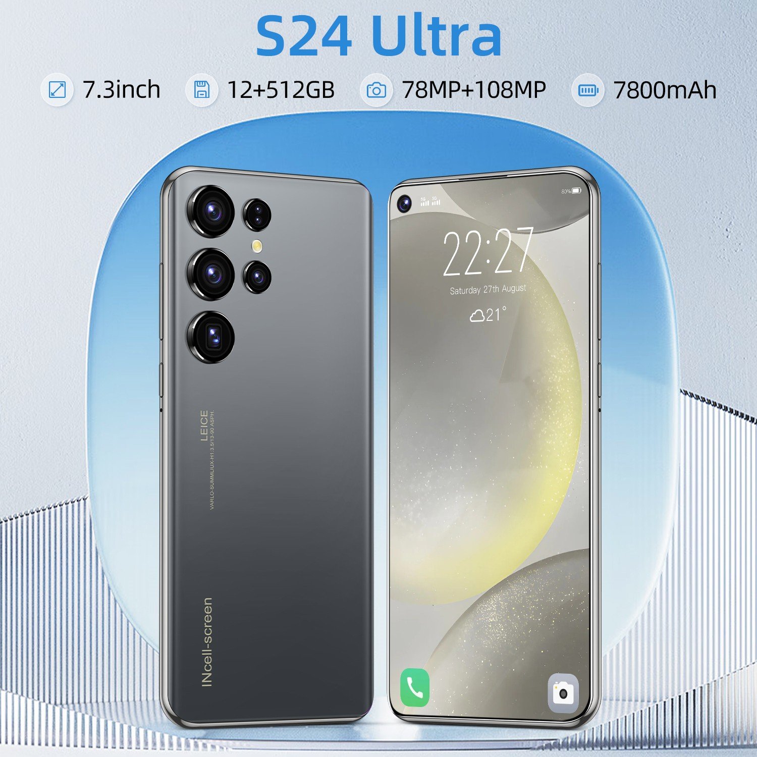 High Quality S24 Ultra 5G Android 14 Smartphone 16GB+1TB 7.3inch HD Touchscreen 7300mAh Battery Dual SIM Card GPS Mobile Phone