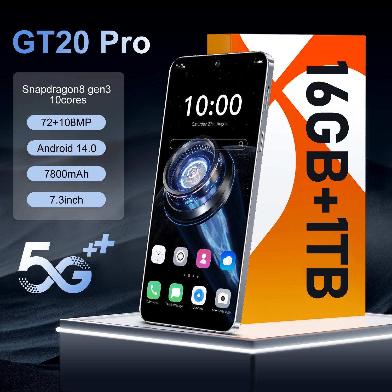 GT20 pro 10 Core OEM Smartphone 7.3 inch Cheap Big Screen Phone with 1TB 64MP HIFI Camera Mobile Phone