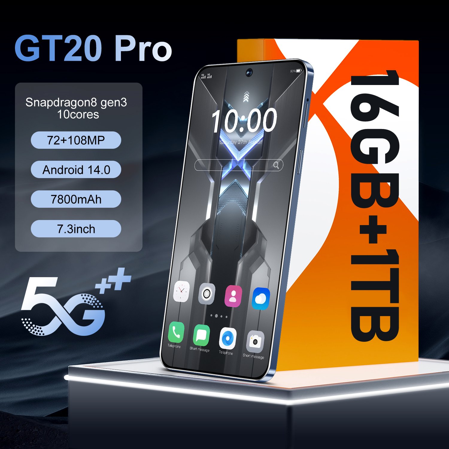 GT20 pro 10 Core OEM Smartphone 7.3 inch Cheap Big Screen Phone with 1TB 64MP HIFI Camera Mobile Phone