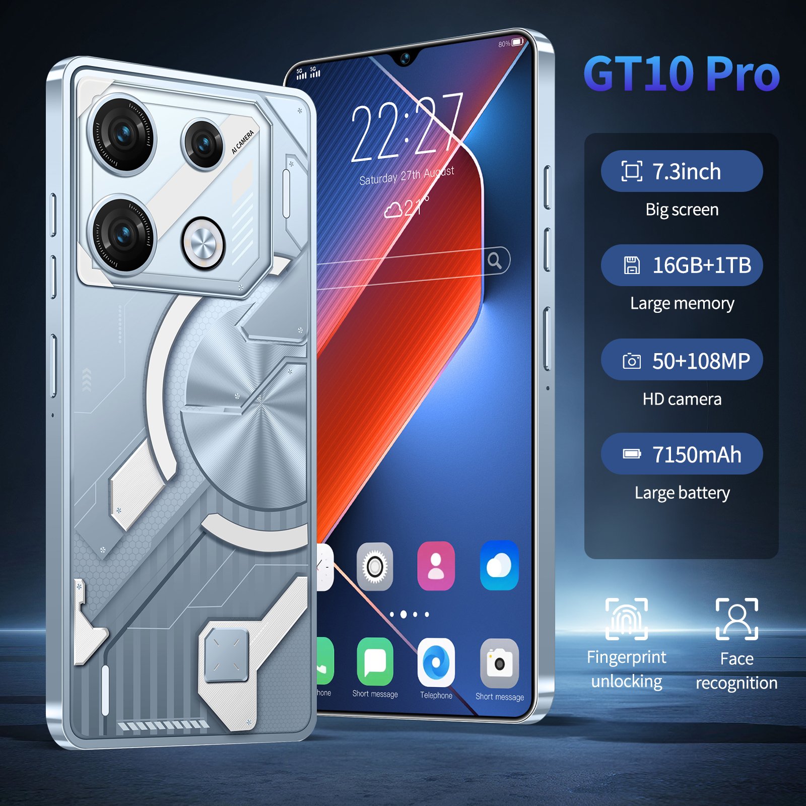 Factory Price cheap Mobile Phone 7.3 Inch Global 5G GT10pro Smartphone 16GB+1TB povo Android 13 New Gaming smart phone