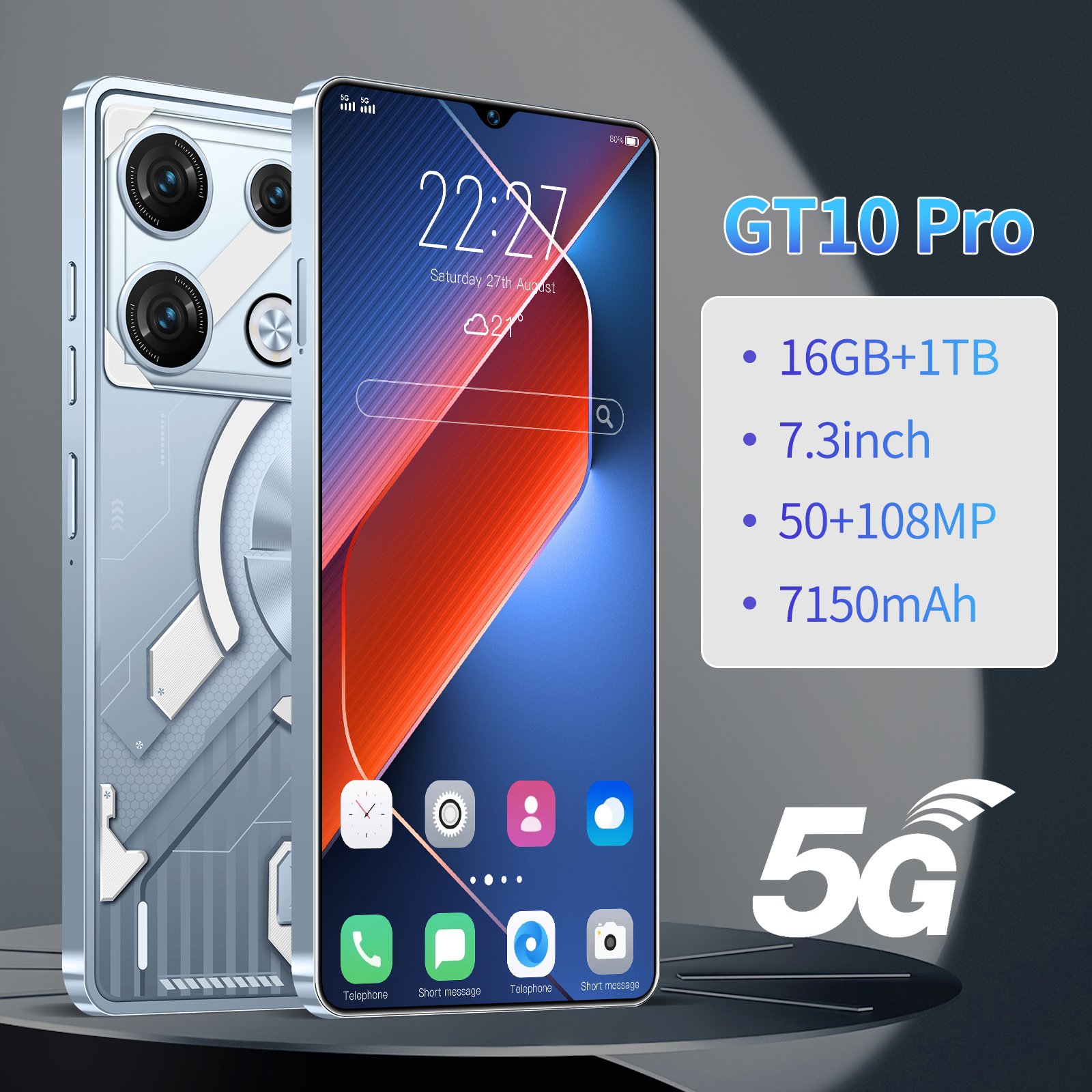 Factory Price cheap Mobile Phone 7.3 Inch Global 5G GT10pro Smartphone 16GB+1TB povo Android 13 New Gaming smart phone