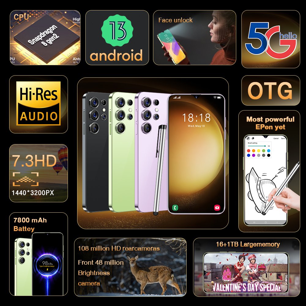 New design Original Custom S24 Ultra Unlocked Cell Phone Big Screen 5G smartphone 16gb + 1TB Android13.0 smart phone
