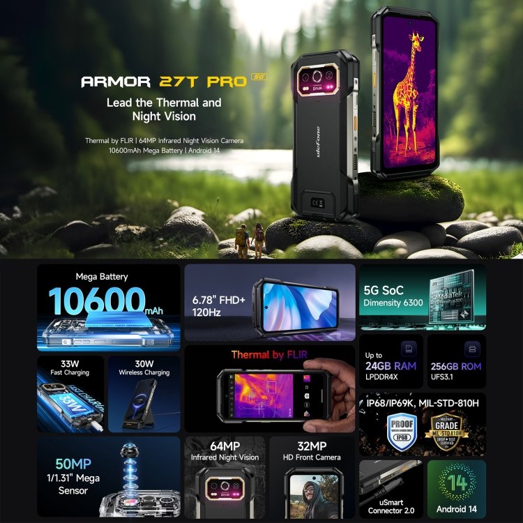 High quality original Ulefone Armor 27T Pro 5G smartphone thermal imaging 12GB+256GB night vision Android 14 5G mobile phones