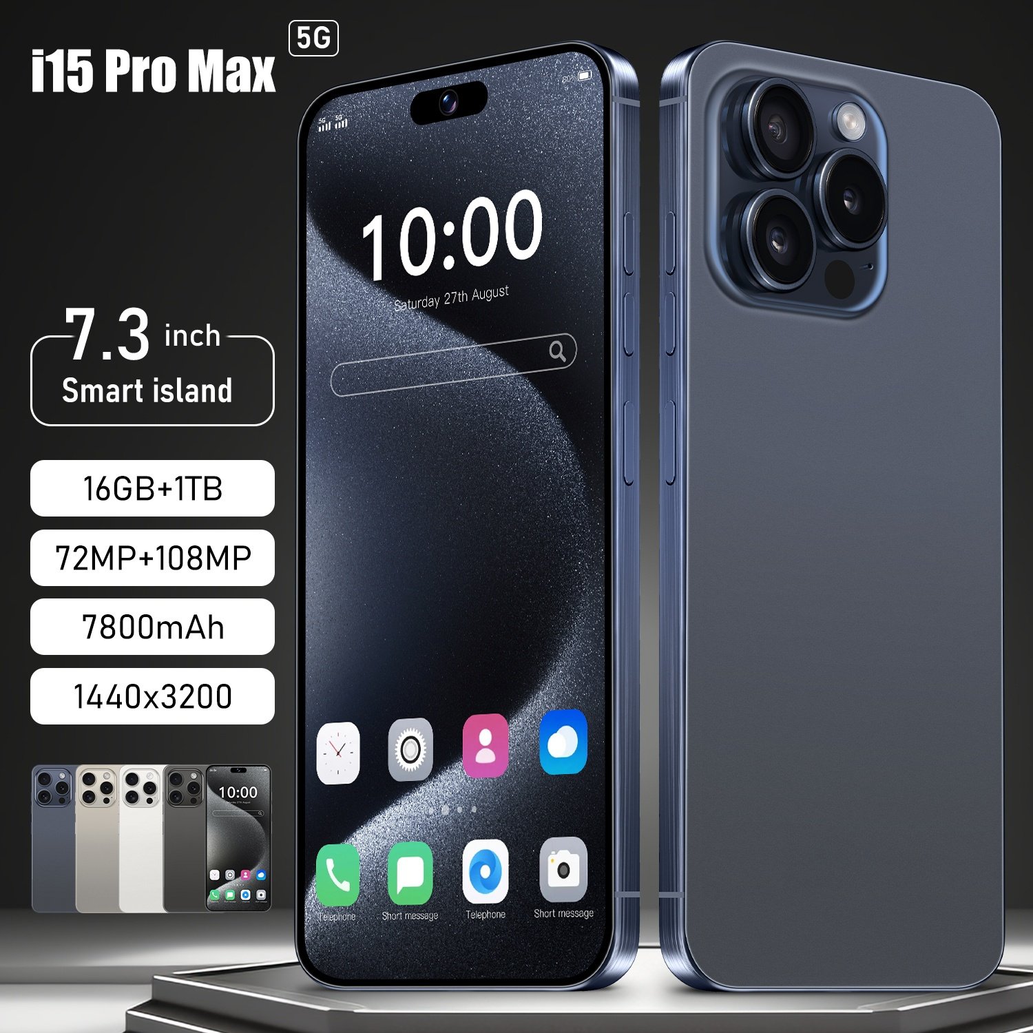2024 New Arrival Original i15 15 Pro Max 5G Smartphone with 6.7 Display and 16GB+1TB Storage
