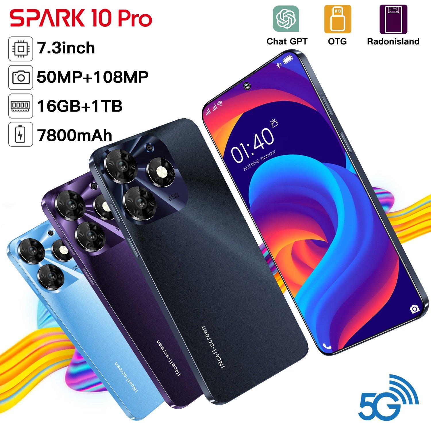 Good quality Cheap Spark 10 pro 7.3 Inch 5g Smartphone Original TecnoSpark 10 pro Mobile Phone Android 13.0 16GB+1TB