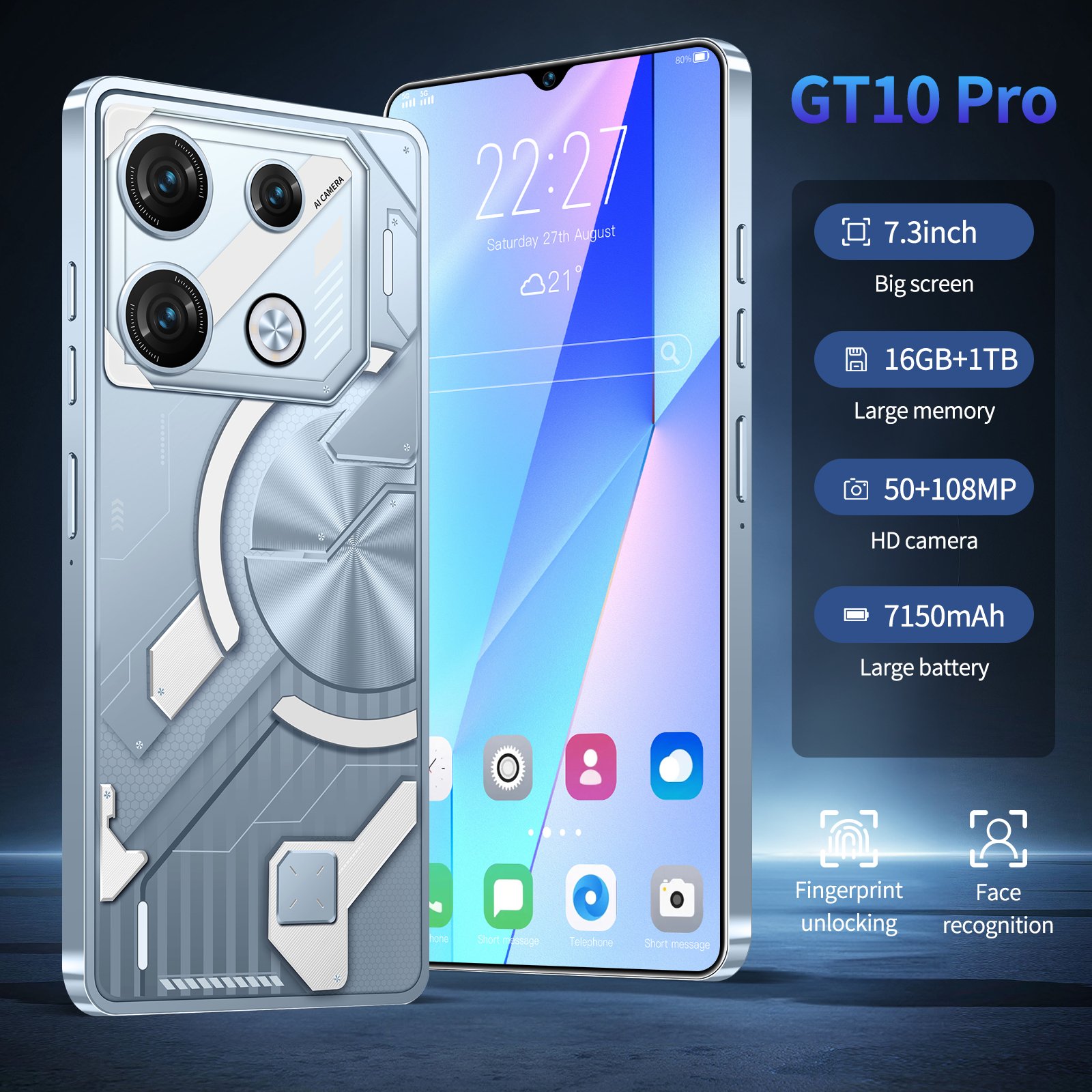 GT10 Pro 10 Core OEM Smartphone 7.3 inch Cheap Big Screen Phone with 1TB 64MP HIFI Camera Mobile Phone