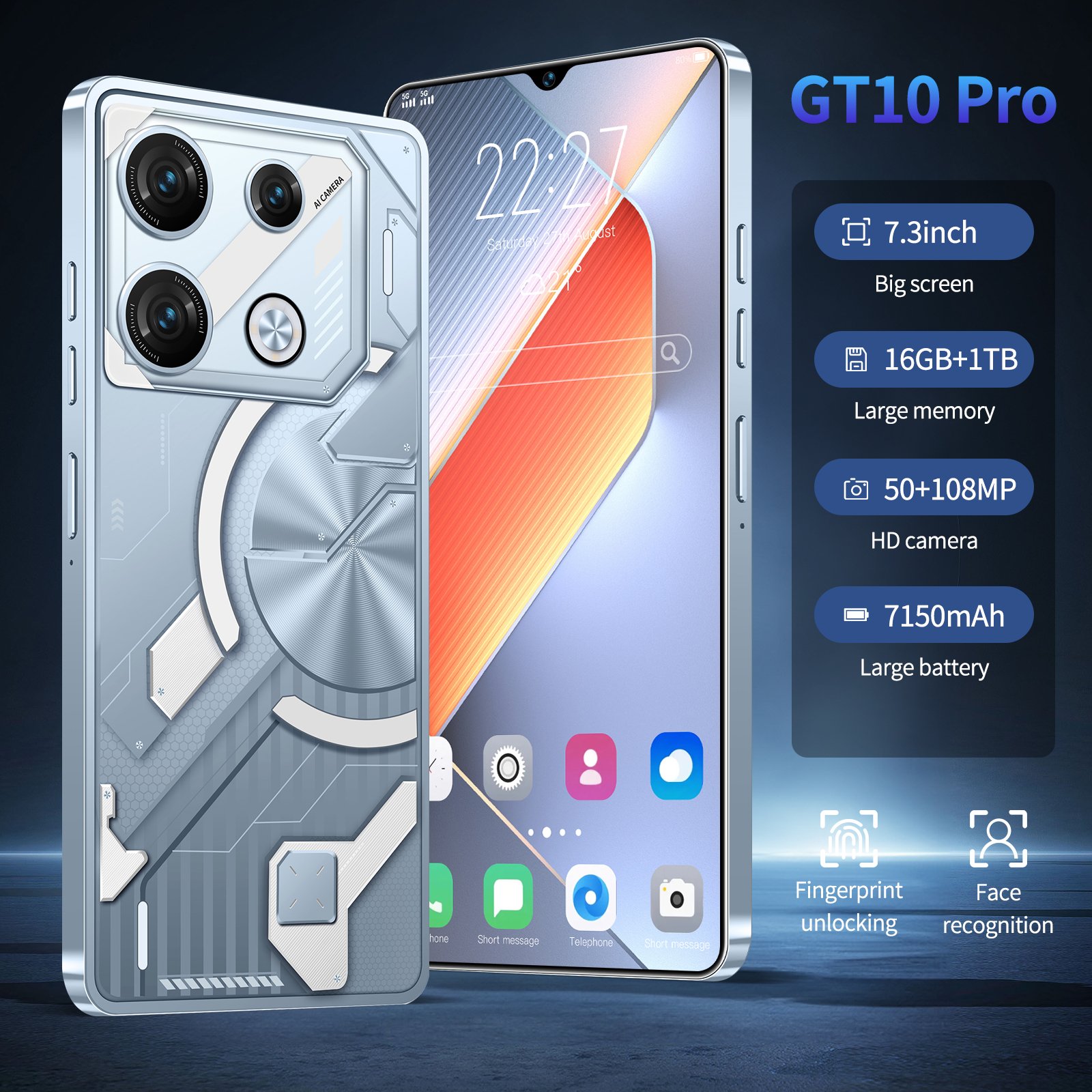 GT10 Pro 10 Core OEM Smartphone 7.3 inch Cheap Big Screen Phone with 1TB 64MP HIFI Camera Mobile Phone